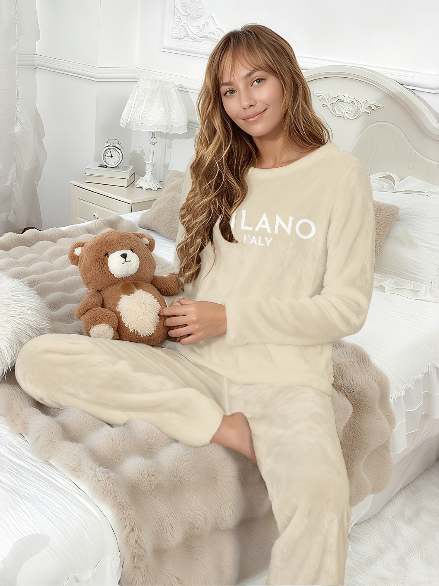 Women's "MILANO I'ALY" Letter Printed Flannel Pajama Set - Warm Fuzzy Sleepwear (5 Colors: Navy/Orange/Light Gray/Graphite Black/Beige)