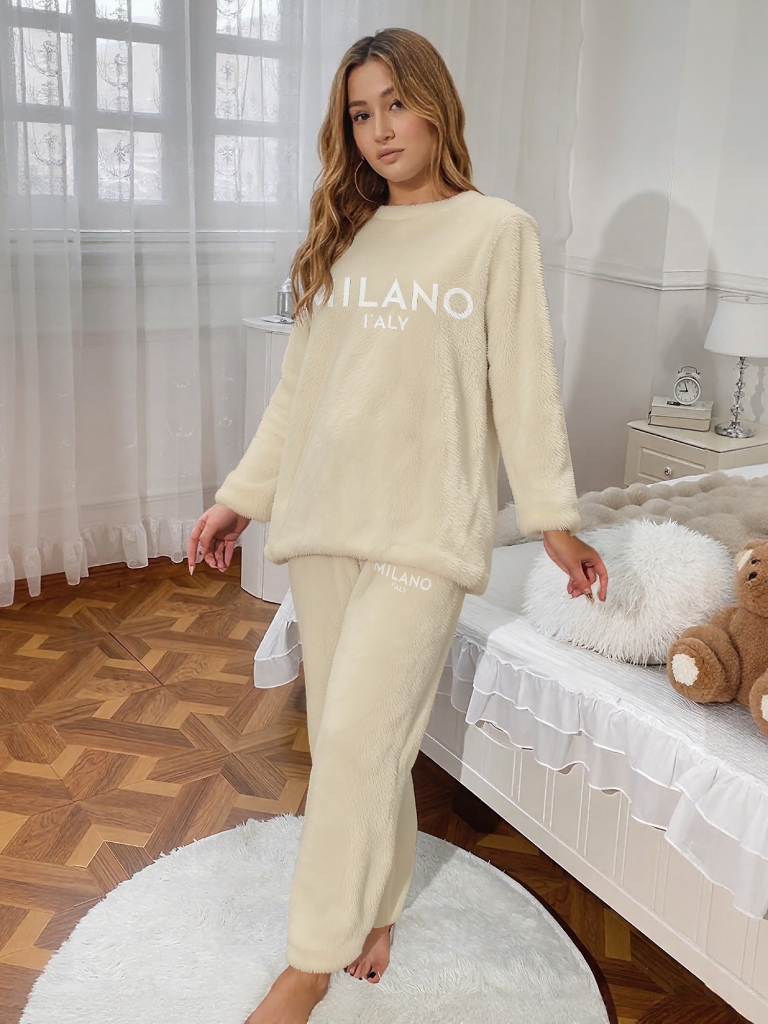 Women's "MILANO I'ALY" Letter Printed Flannel Pajama Set - Warm Fuzzy Sleepwear (5 Colors: Navy/Orange/Light Gray/Graphite Black/Beige)