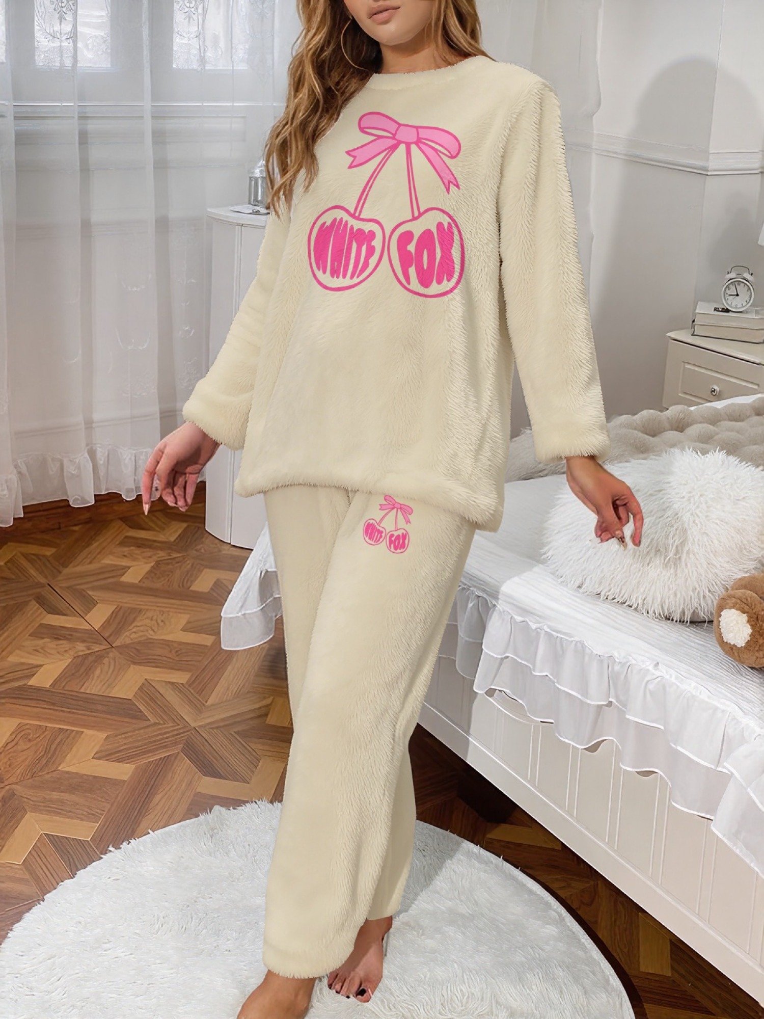 Women's "White Fox" Cherry Bow Printed Flannel Pajama Set - Warm Fuzzy Sleepwear (7 Colors: Graphite Black/Light Gray/Navy/Light Blue/Beige/Pink/Orange)