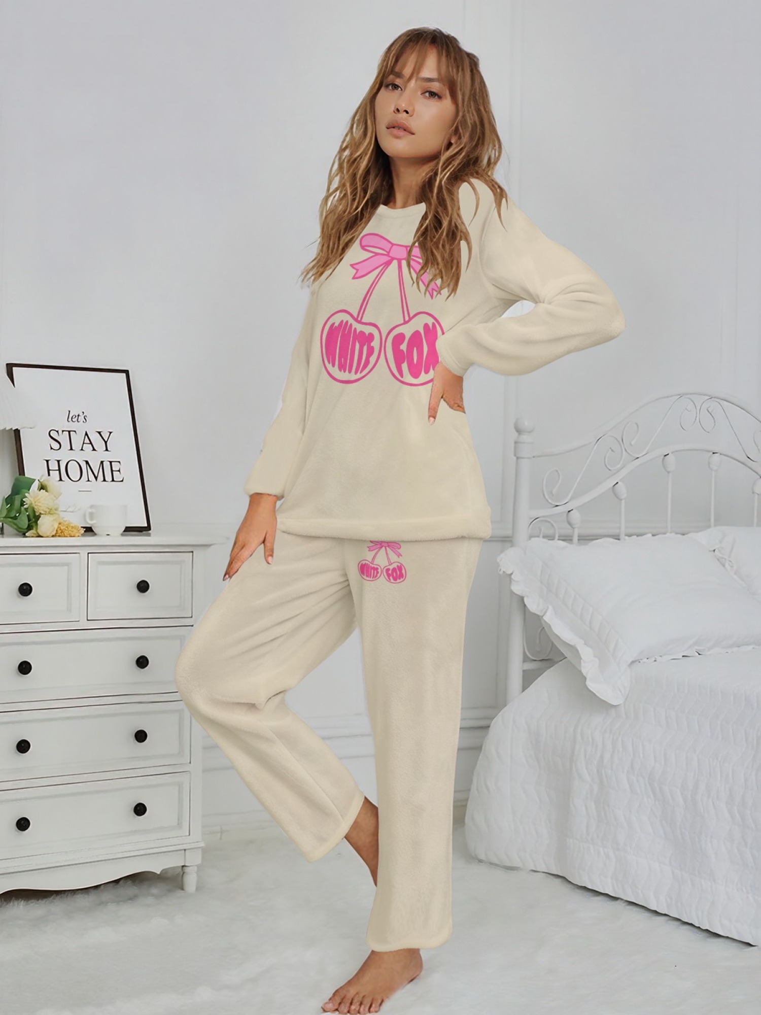 Women's "White Fox" Cherry Bow Printed Flannel Pajama Set - Warm Fuzzy Sleepwear (7 Colors: Graphite Black/Light Gray/Navy/Light Blue/Beige/Pink/Orange)