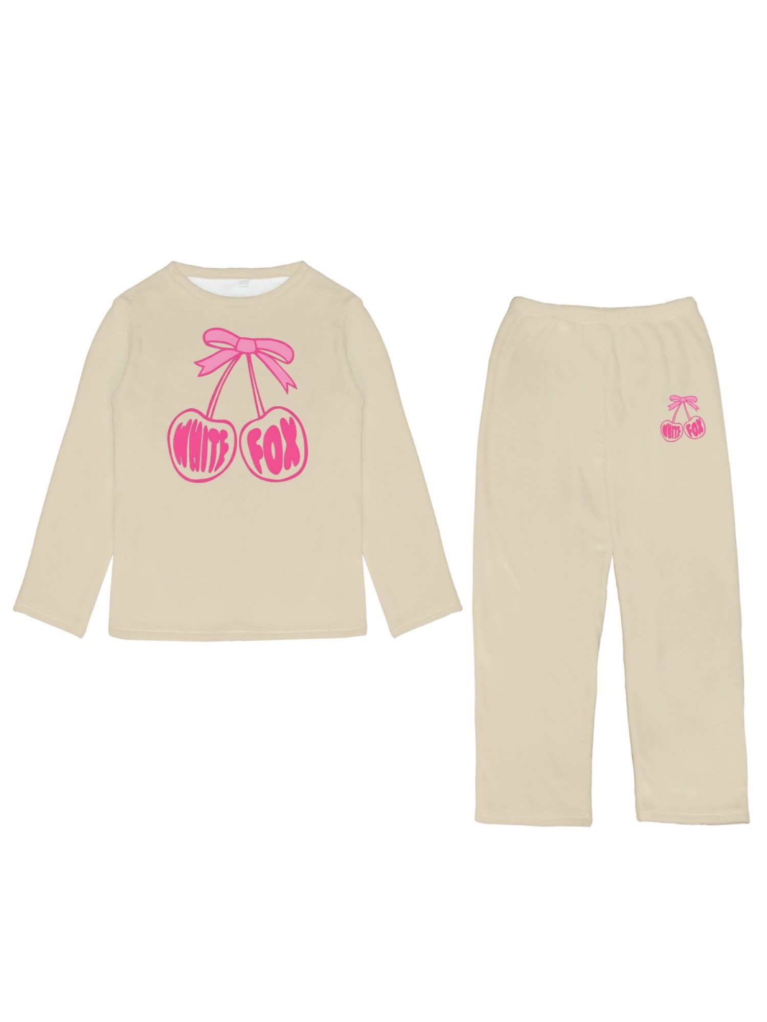 Women's "White Fox" Cherry Bow Printed Flannel Pajama Set - Warm Fuzzy Sleepwear (7 Colors: Graphite Black/Light Gray/Navy/Light Blue/Beige/Pink/Orange)