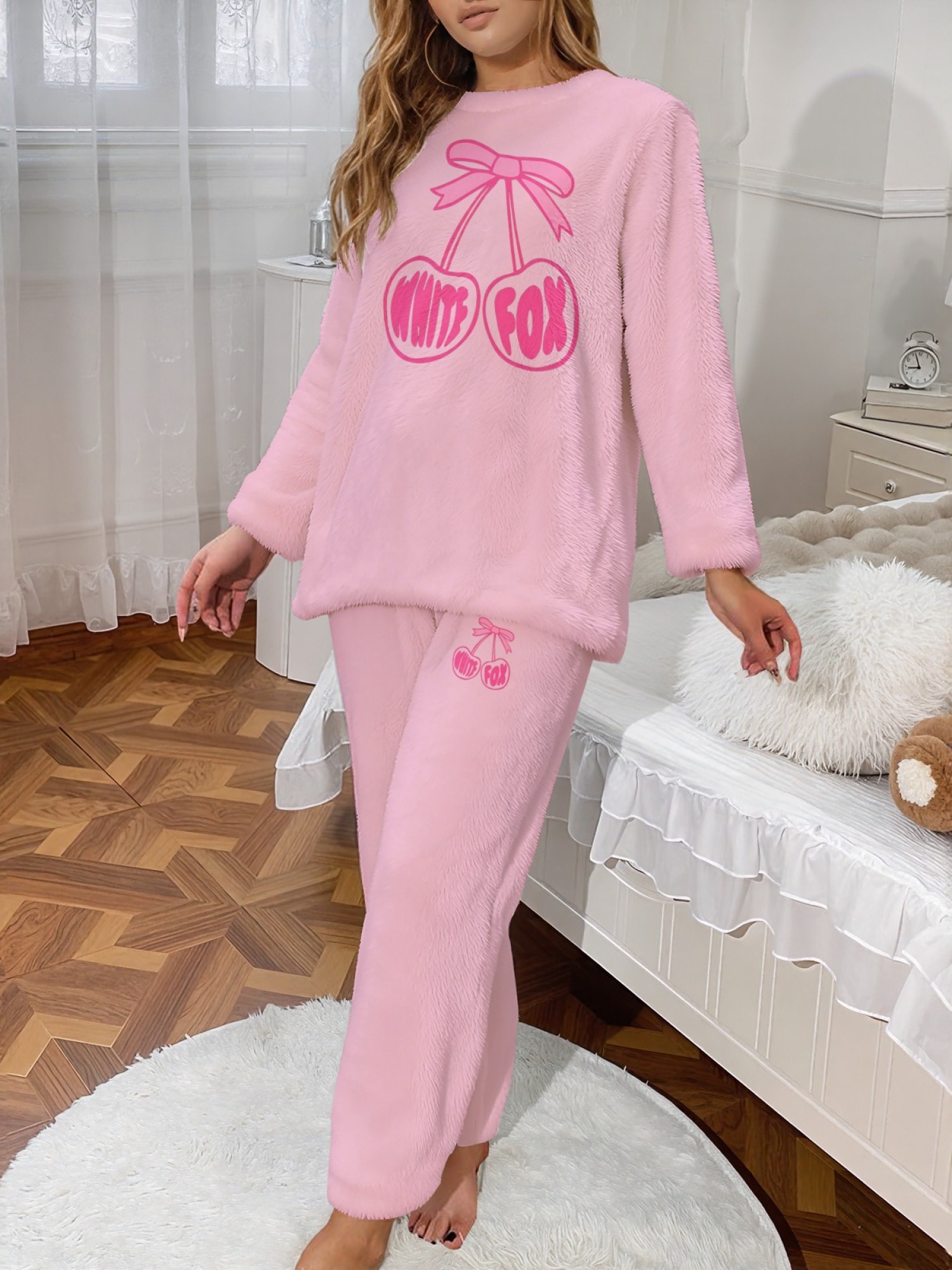 Women's "White Fox" Cherry Bow Printed Flannel Pajama Set - Warm Fuzzy Sleepwear (7 Colors: Graphite Black/Light Gray/Navy/Light Blue/Beige/Pink/Orange)