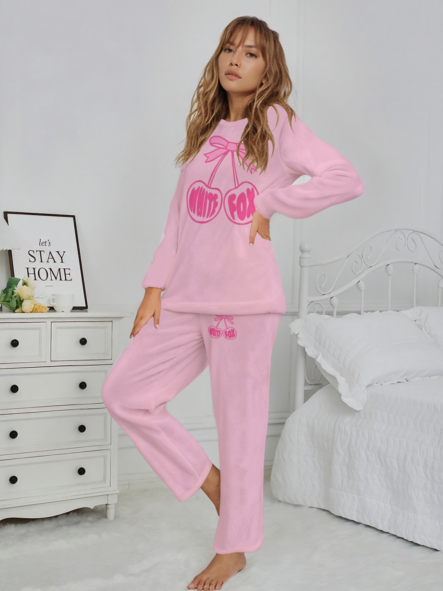 Women's "White Fox" Cherry Bow Printed Flannel Pajama Set - Warm Fuzzy Sleepwear (7 Colors: Graphite Black/Light Gray/Navy/Light Blue/Beige/Pink/Orange)
