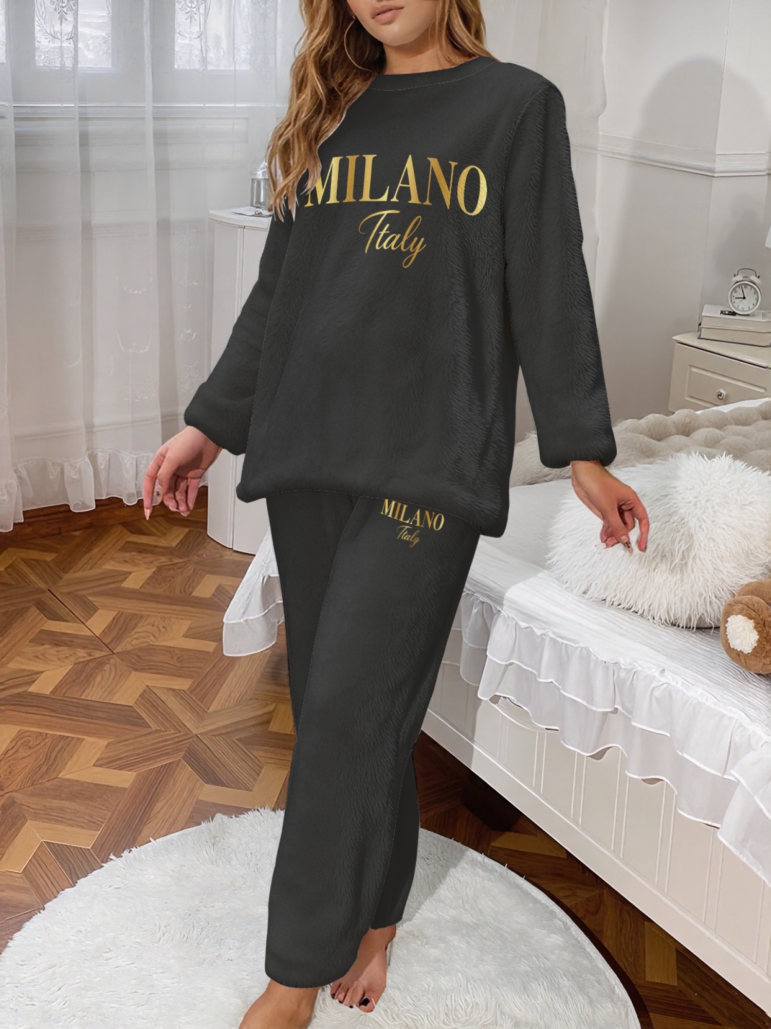 Women's "MILANO Italy" Gold Letter Printed Flannel Pajama Set - Warm Fuzzy Sleepwear (7 Colors: Navy/Graphite Black/Light Blue/Light Gray/Orange/Pink/Beige)
