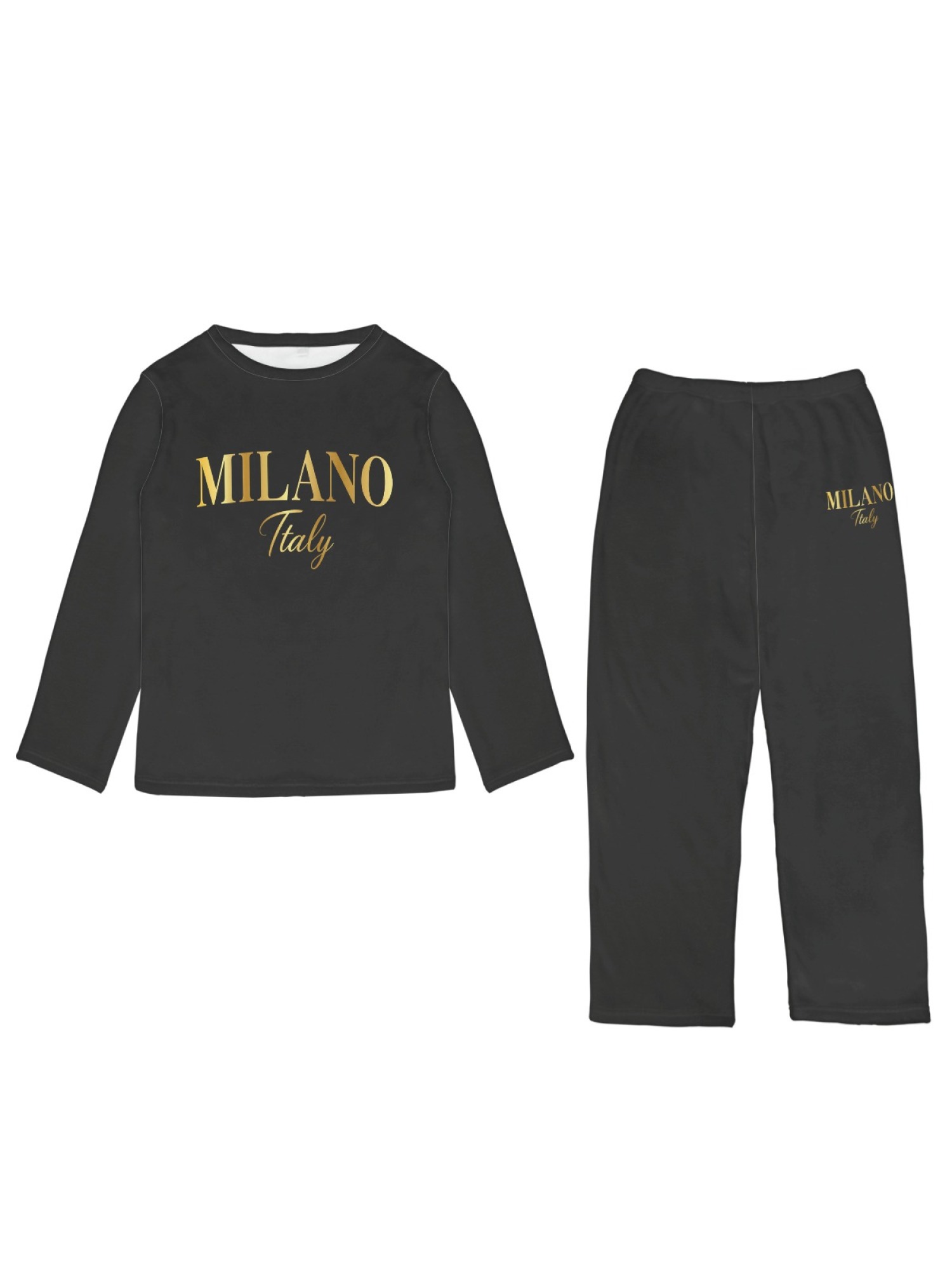 Women's "MILANO Italy" Gold Letter Printed Flannel Pajama Set - Warm Fuzzy Sleepwear (7 Colors: Navy/Graphite Black/Light Blue/Light Gray/Orange/Pink/Beige)