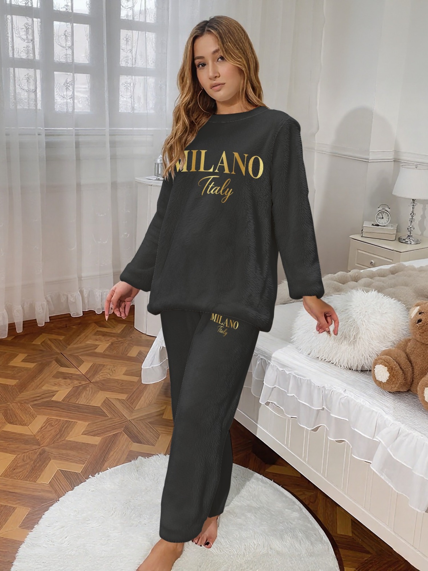 Women's "MILANO Italy" Gold Letter Printed Flannel Pajama Set - Warm Fuzzy Sleepwear (7 Colors: Navy/Graphite Black/Light Blue/Light Gray/Orange/Pink/Beige)