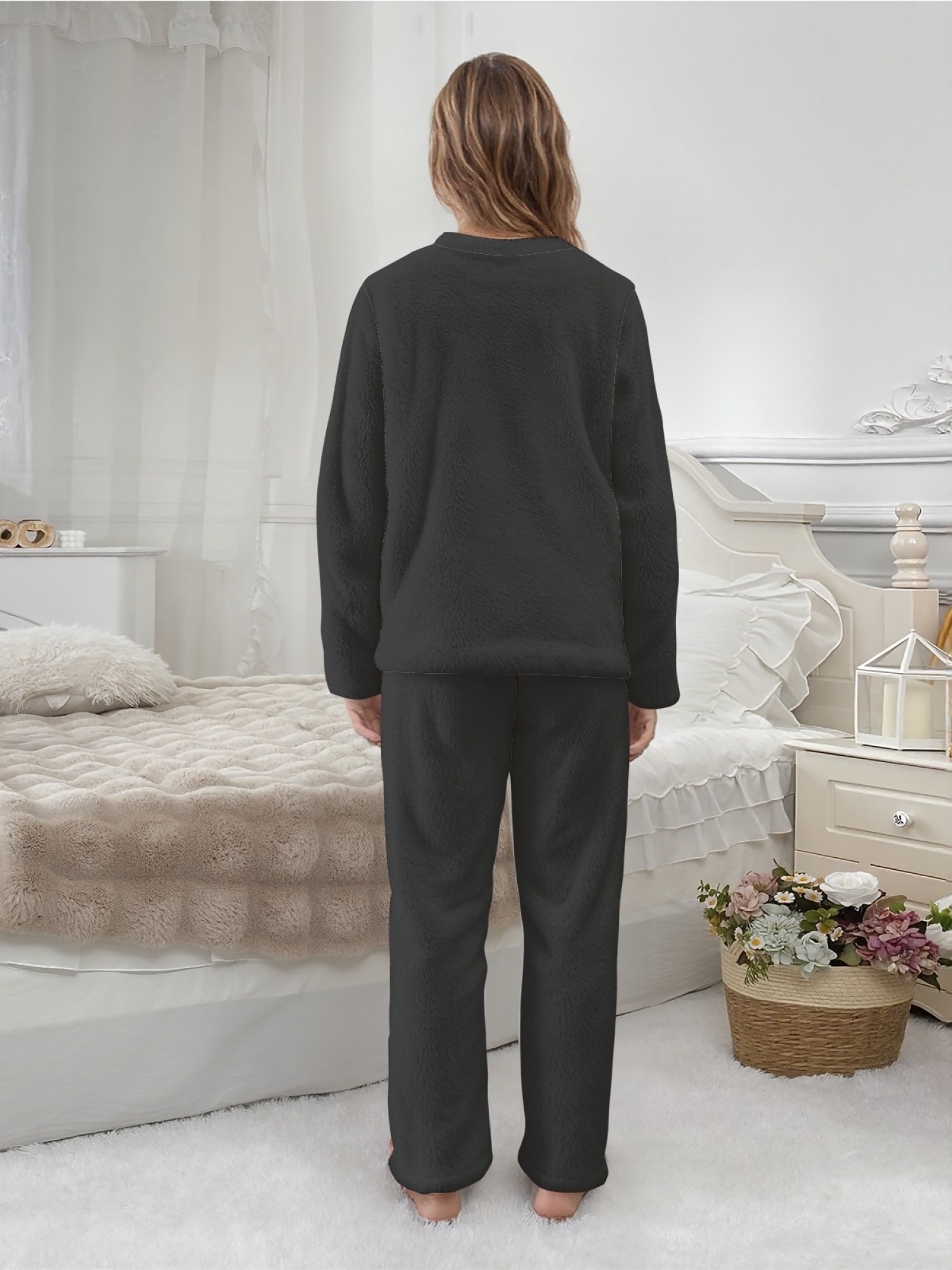 Women's "MILANO Italy" Gold Letter Printed Flannel Pajama Set - Warm Fuzzy Sleepwear (7 Colors: Navy/Graphite Black/Light Blue/Light Gray/Orange/Pink/Beige)