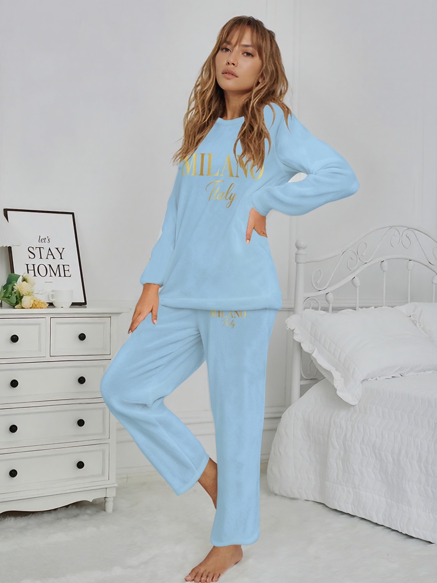 Women's "MILANO Italy" Gold Letter Printed Flannel Pajama Set - Warm Fuzzy Sleepwear (7 Colors: Navy/Graphite Black/Light Blue/Light Gray/Orange/Pink/Beige)