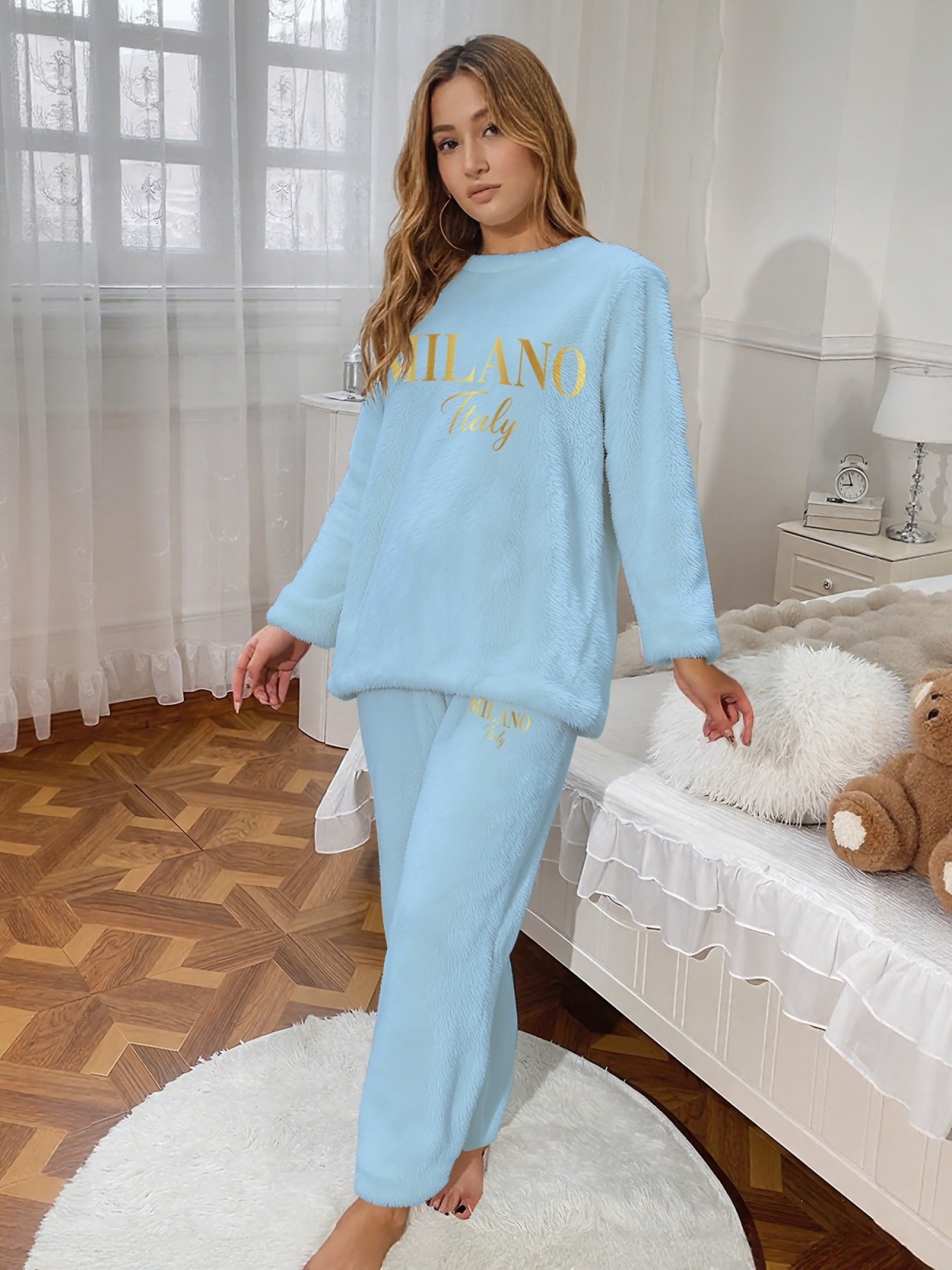 Women's "MILANO Italy" Gold Letter Printed Flannel Pajama Set - Warm Fuzzy Sleepwear (7 Colors: Navy/Graphite Black/Light Blue/Light Gray/Orange/Pink/Beige)
