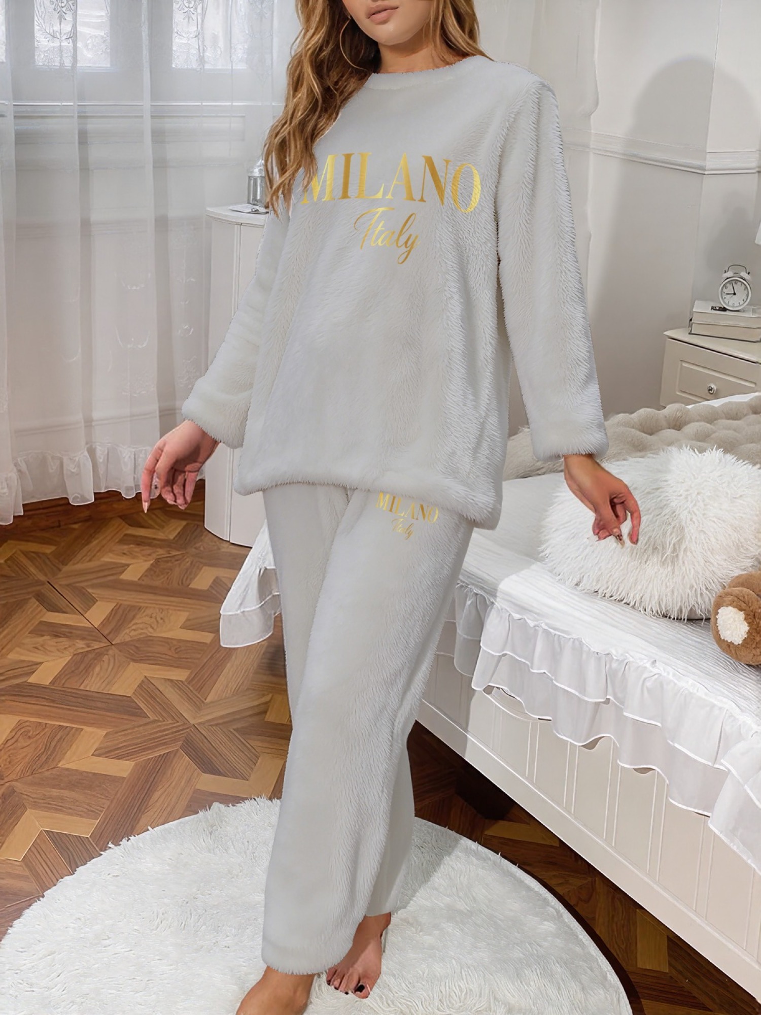 Women's "MILANO Italy" Gold Letter Printed Flannel Pajama Set - Warm Fuzzy Sleepwear (7 Colors: Navy/Graphite Black/Light Blue/Light Gray/Orange/Pink/Beige)