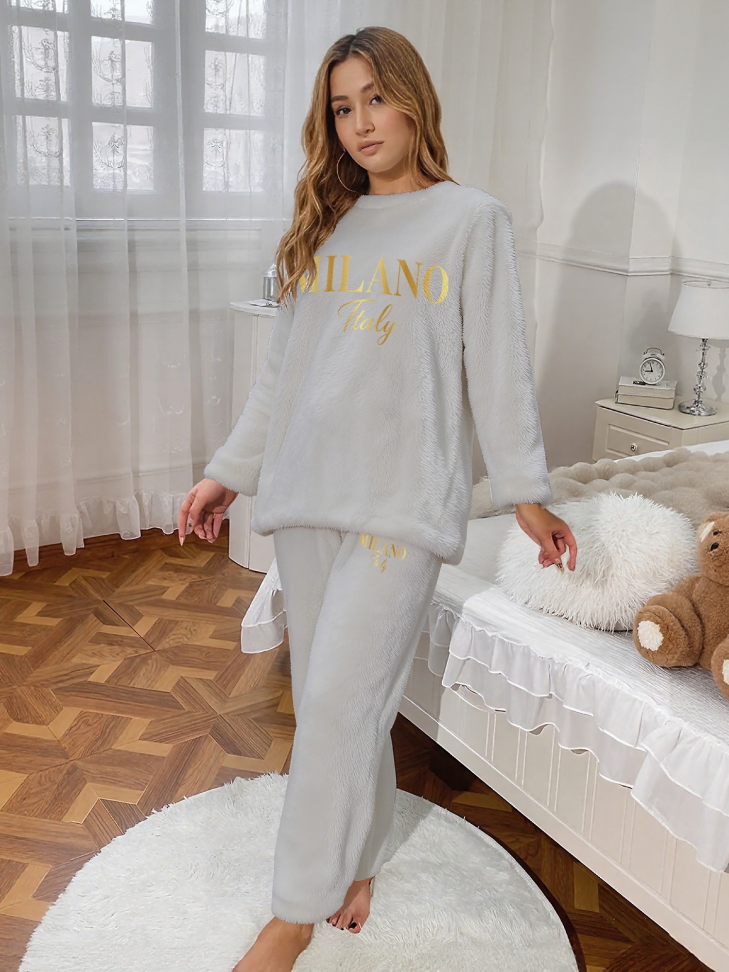 Women's "MILANO Italy" Gold Letter Printed Flannel Pajama Set - Warm Fuzzy Sleepwear (7 Colors: Navy/Graphite Black/Light Blue/Light Gray/Orange/Pink/Beige)