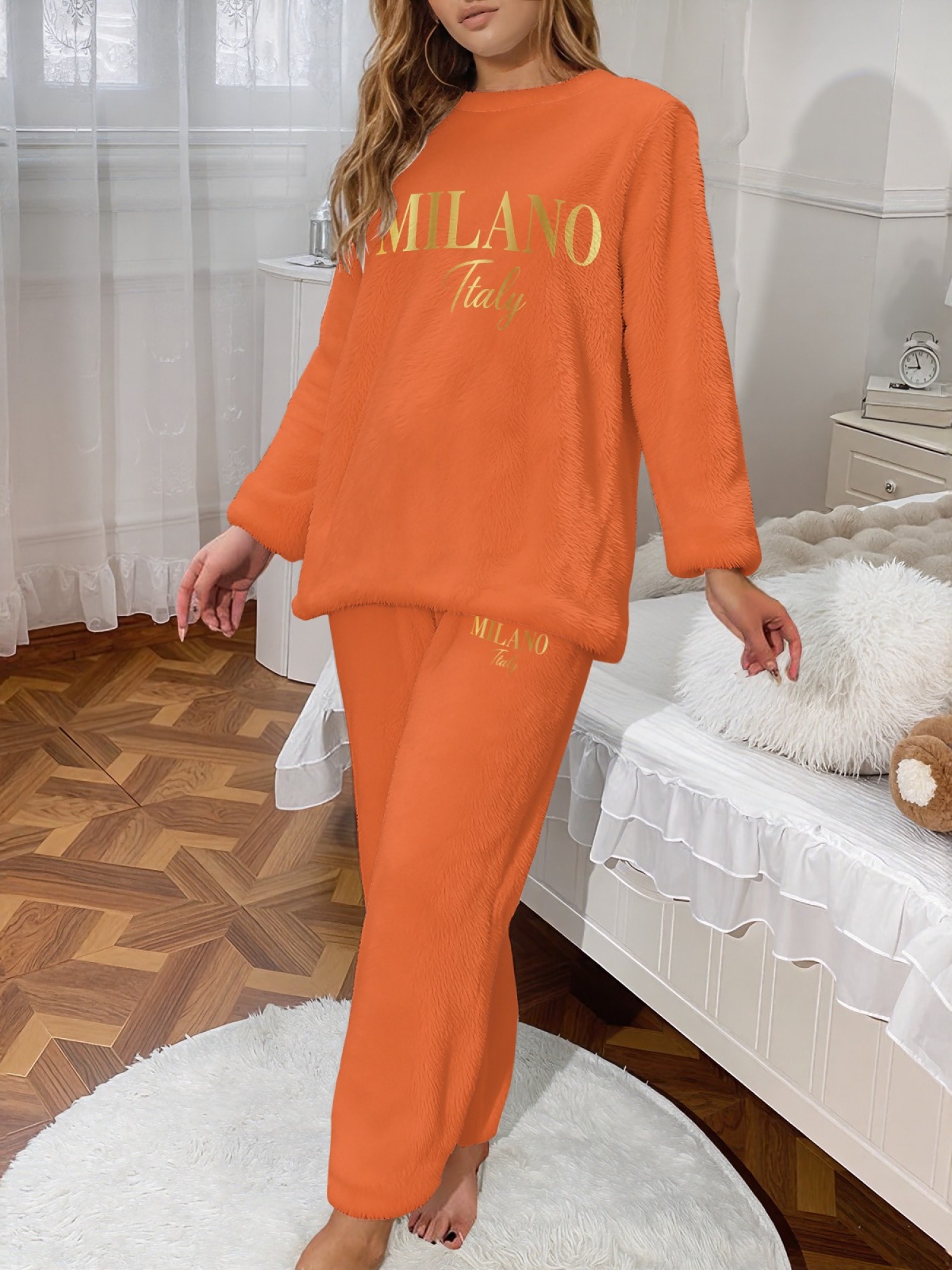 Women's "MILANO Italy" Gold Letter Printed Flannel Pajama Set - Warm Fuzzy Sleepwear (7 Colors: Navy/Graphite Black/Light Blue/Light Gray/Orange/Pink/Beige)