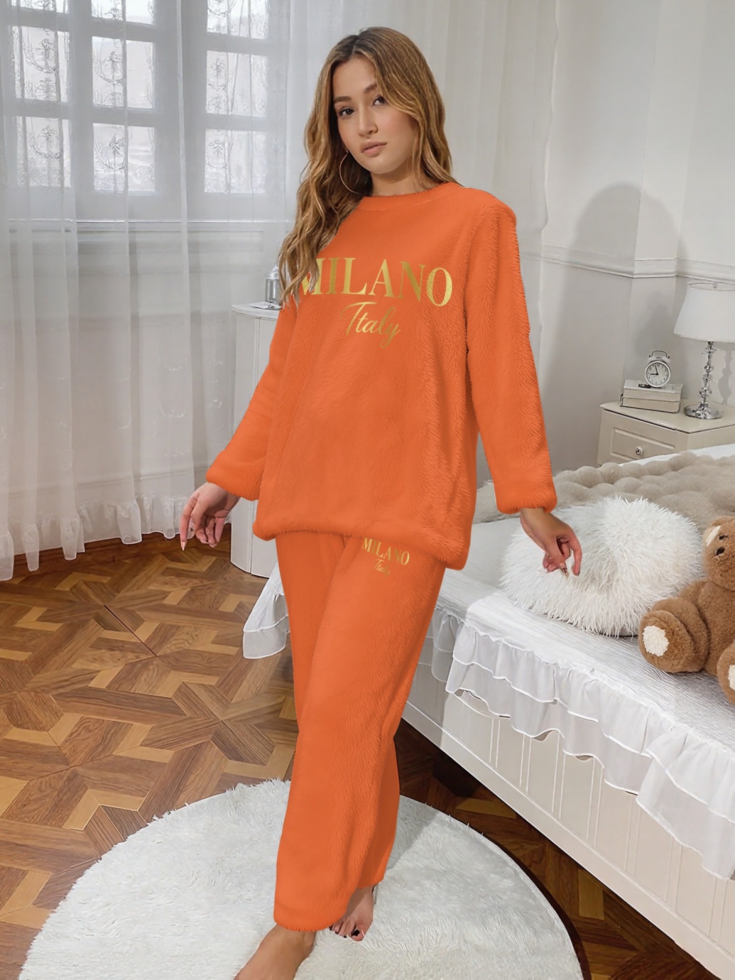 Women's "MILANO Italy" Gold Letter Printed Flannel Pajama Set - Warm Fuzzy Sleepwear (7 Colors: Navy/Graphite Black/Light Blue/Light Gray/Orange/Pink/Beige)