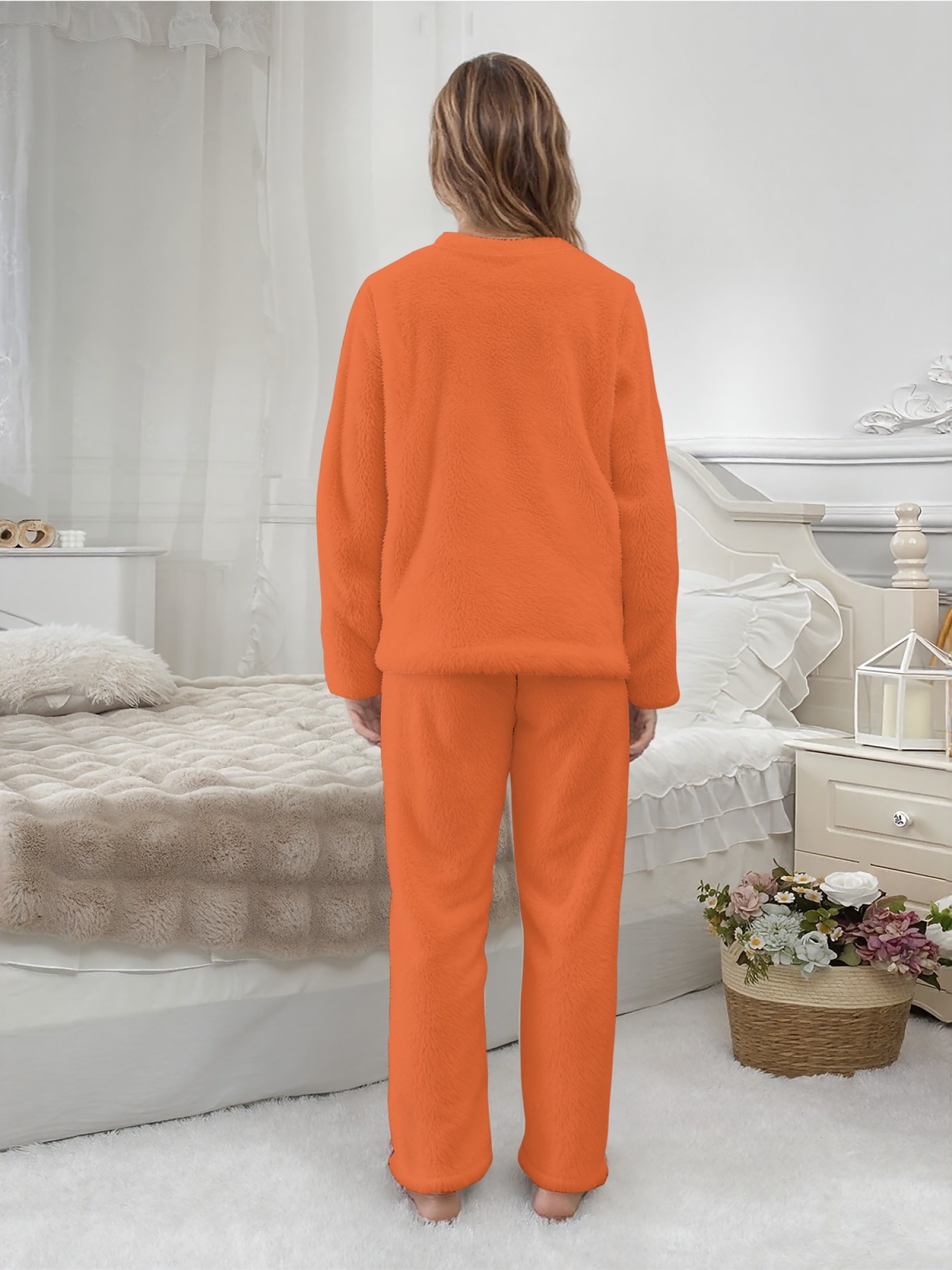 Women's "MILANO Italy" Gold Letter Printed Flannel Pajama Set - Warm Fuzzy Sleepwear (7 Colors: Navy/Graphite Black/Light Blue/Light Gray/Orange/Pink/Beige)