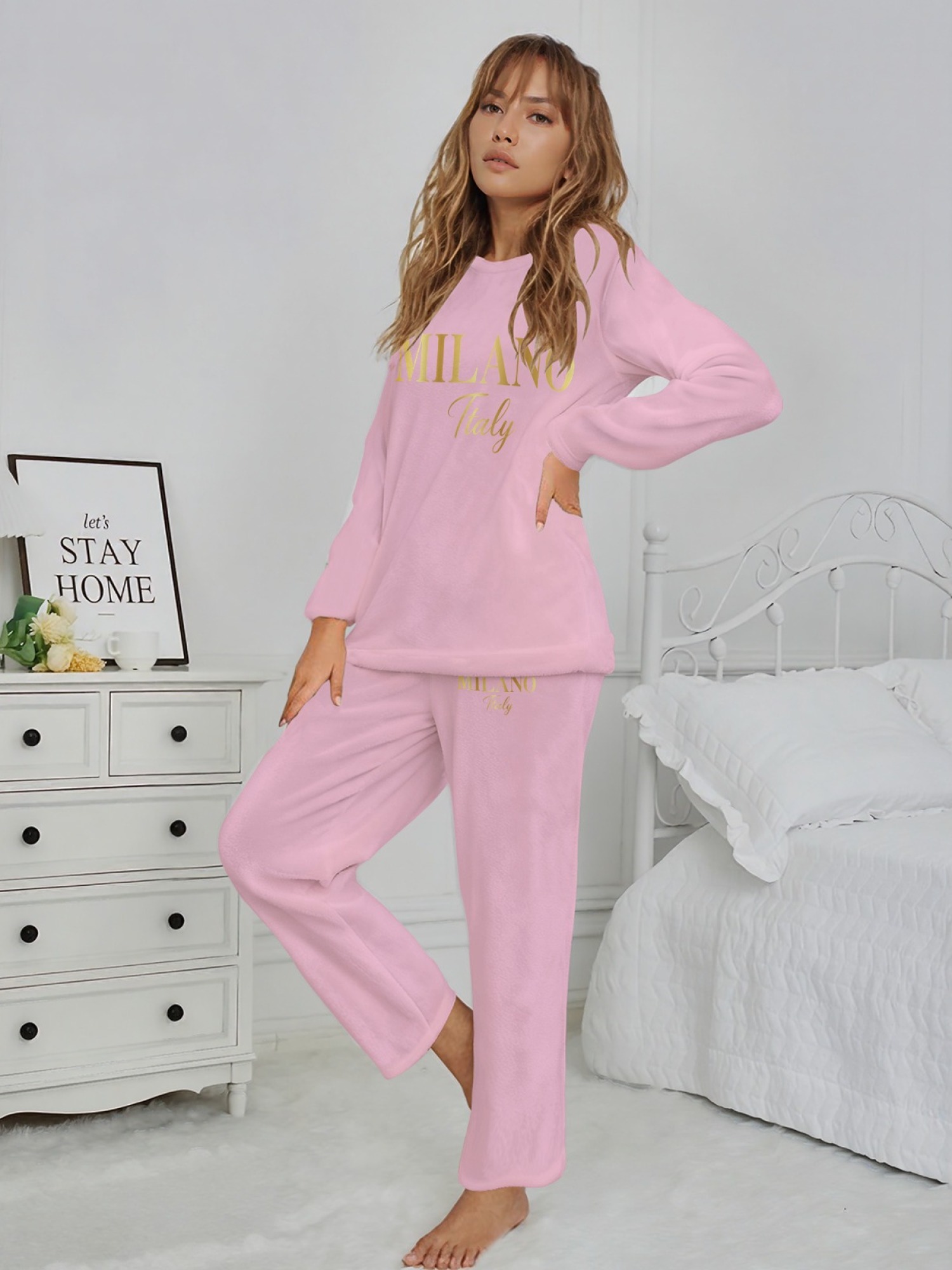 Women's "MILANO Italy" Gold Letter Printed Flannel Pajama Set - Warm Fuzzy Sleepwear (7 Colors: Navy/Graphite Black/Light Blue/Light Gray/Orange/Pink/Beige)