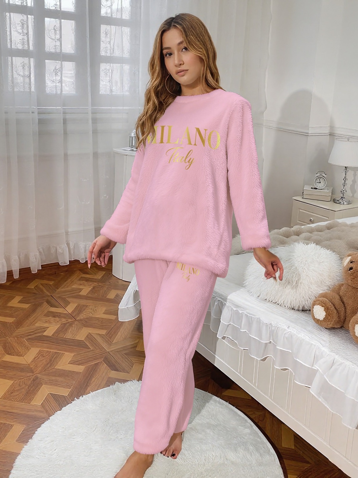 Women's "MILANO Italy" Gold Letter Printed Flannel Pajama Set - Warm Fuzzy Sleepwear (7 Colors: Navy/Graphite Black/Light Blue/Light Gray/Orange/Pink/Beige)