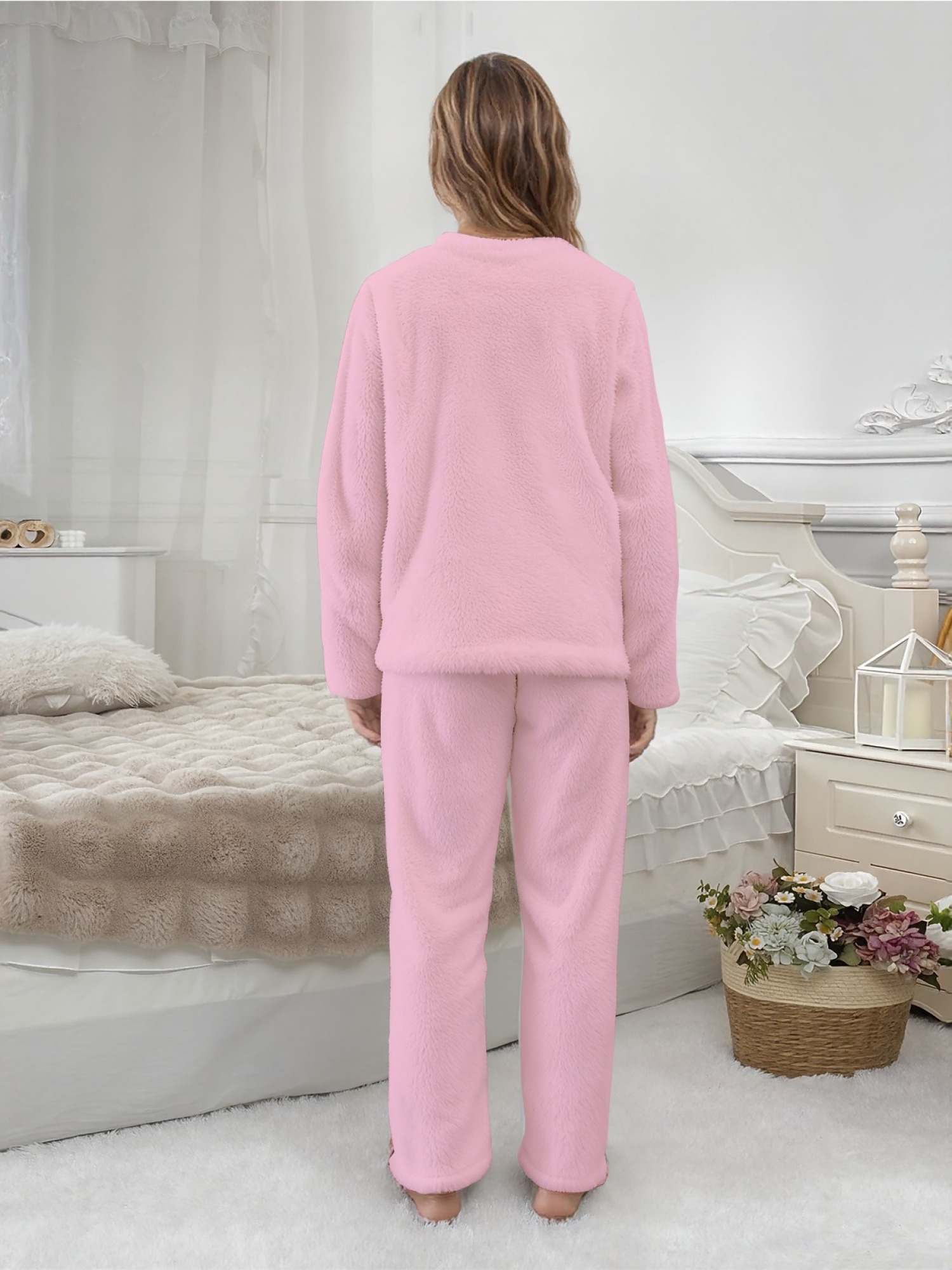 Women's "MILANO Italy" Gold Letter Printed Flannel Pajama Set - Warm Fuzzy Sleepwear (7 Colors: Navy/Graphite Black/Light Blue/Light Gray/Orange/Pink/Beige)