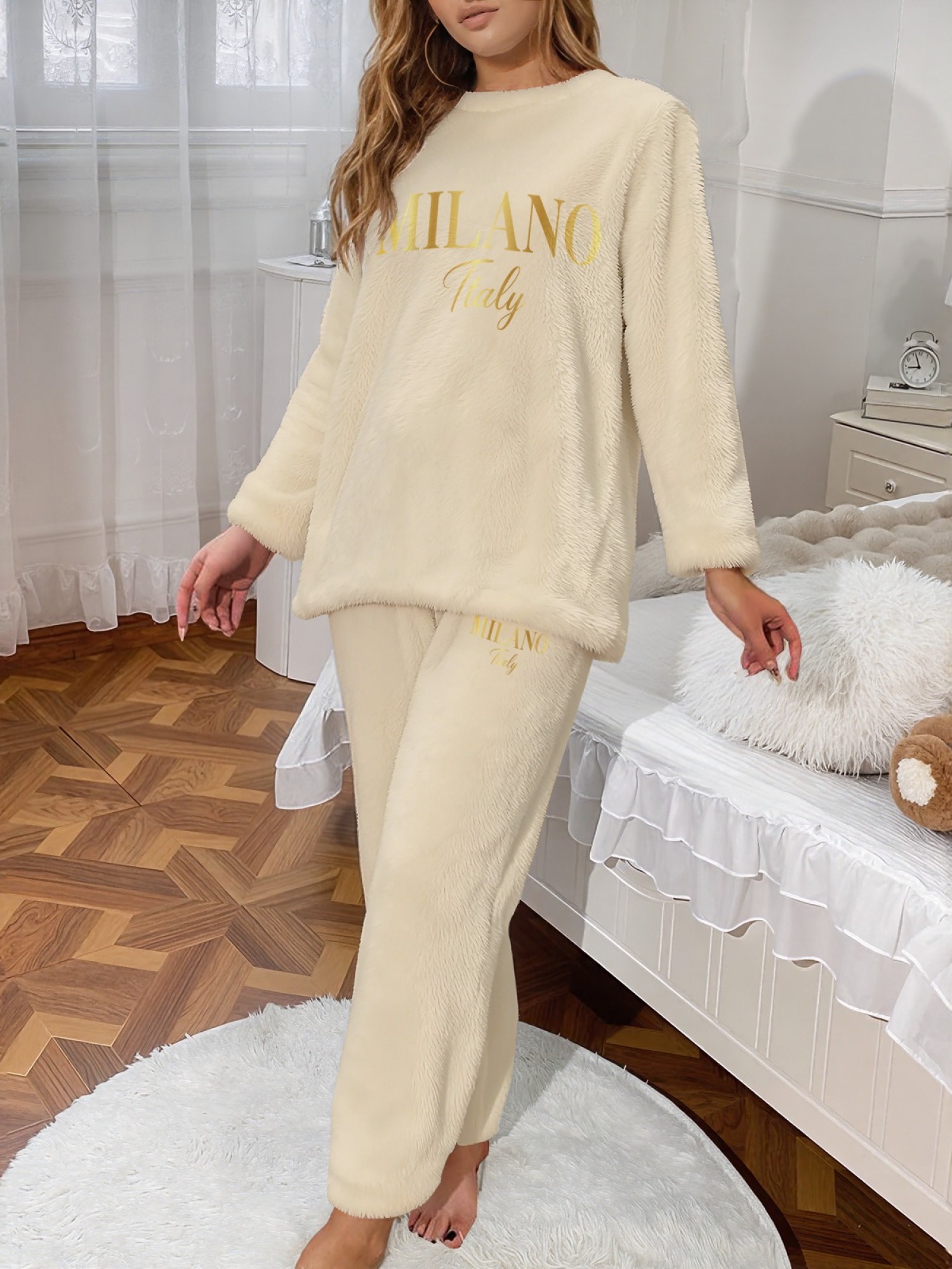 Women's "MILANO Italy" Gold Letter Printed Flannel Pajama Set - Warm Fuzzy Sleepwear (7 Colors: Navy/Graphite Black/Light Blue/Light Gray/Orange/Pink/Beige)