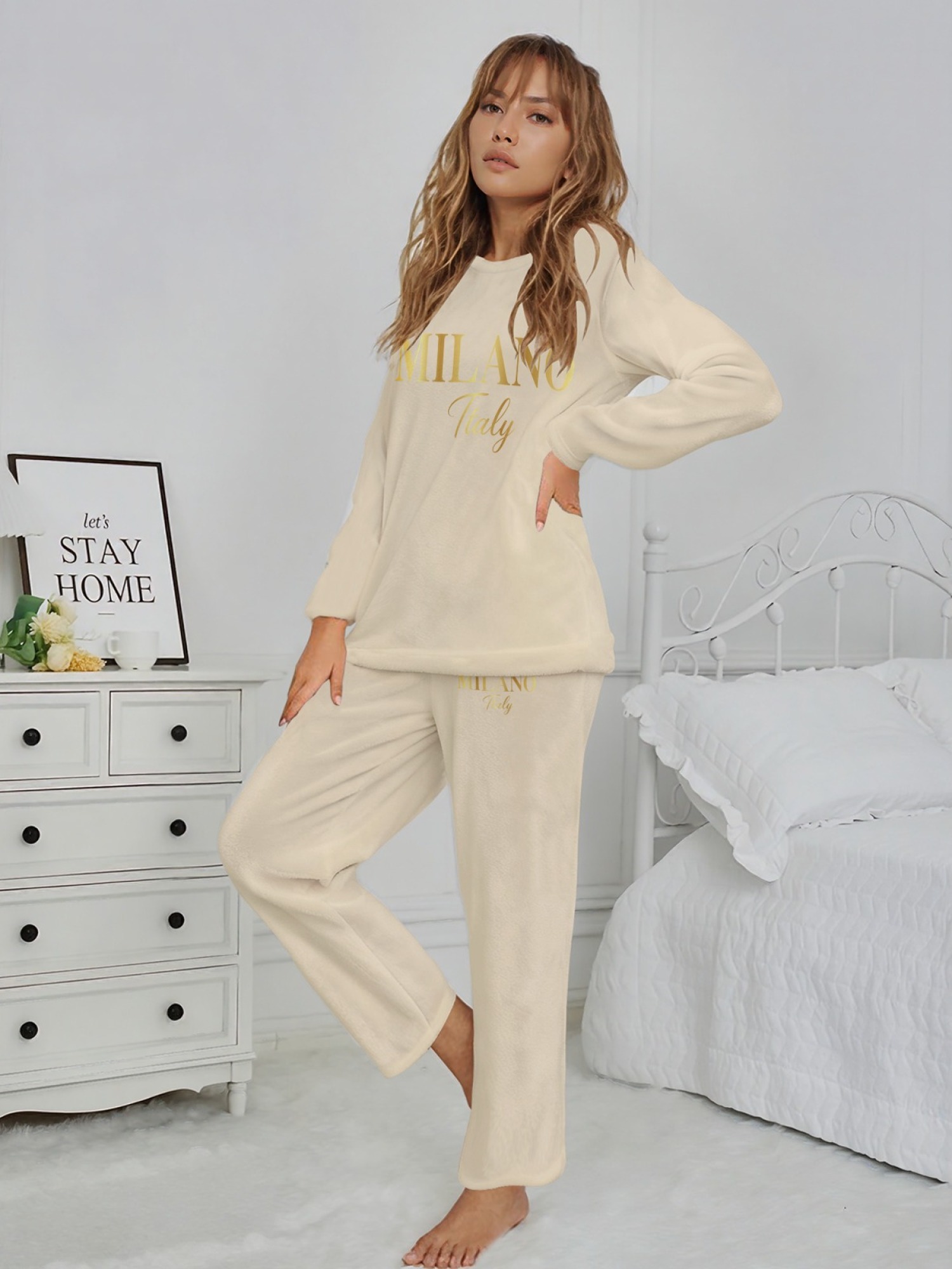 Women's "MILANO Italy" Gold Letter Printed Flannel Pajama Set - Warm Fuzzy Sleepwear (7 Colors: Navy/Graphite Black/Light Blue/Light Gray/Orange/Pink/Beige)