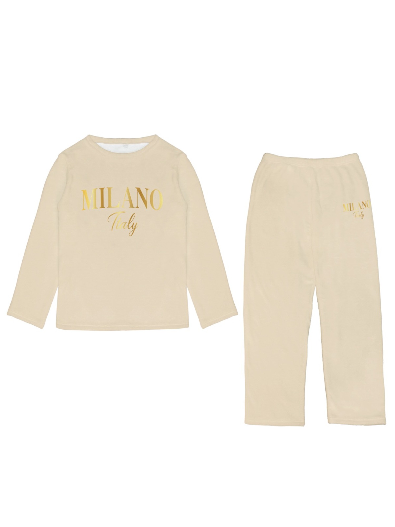 Women's "MILANO Italy" Gold Letter Printed Flannel Pajama Set - Warm Fuzzy Sleepwear (7 Colors: Navy/Graphite Black/Light Blue/Light Gray/Orange/Pink/Beige)