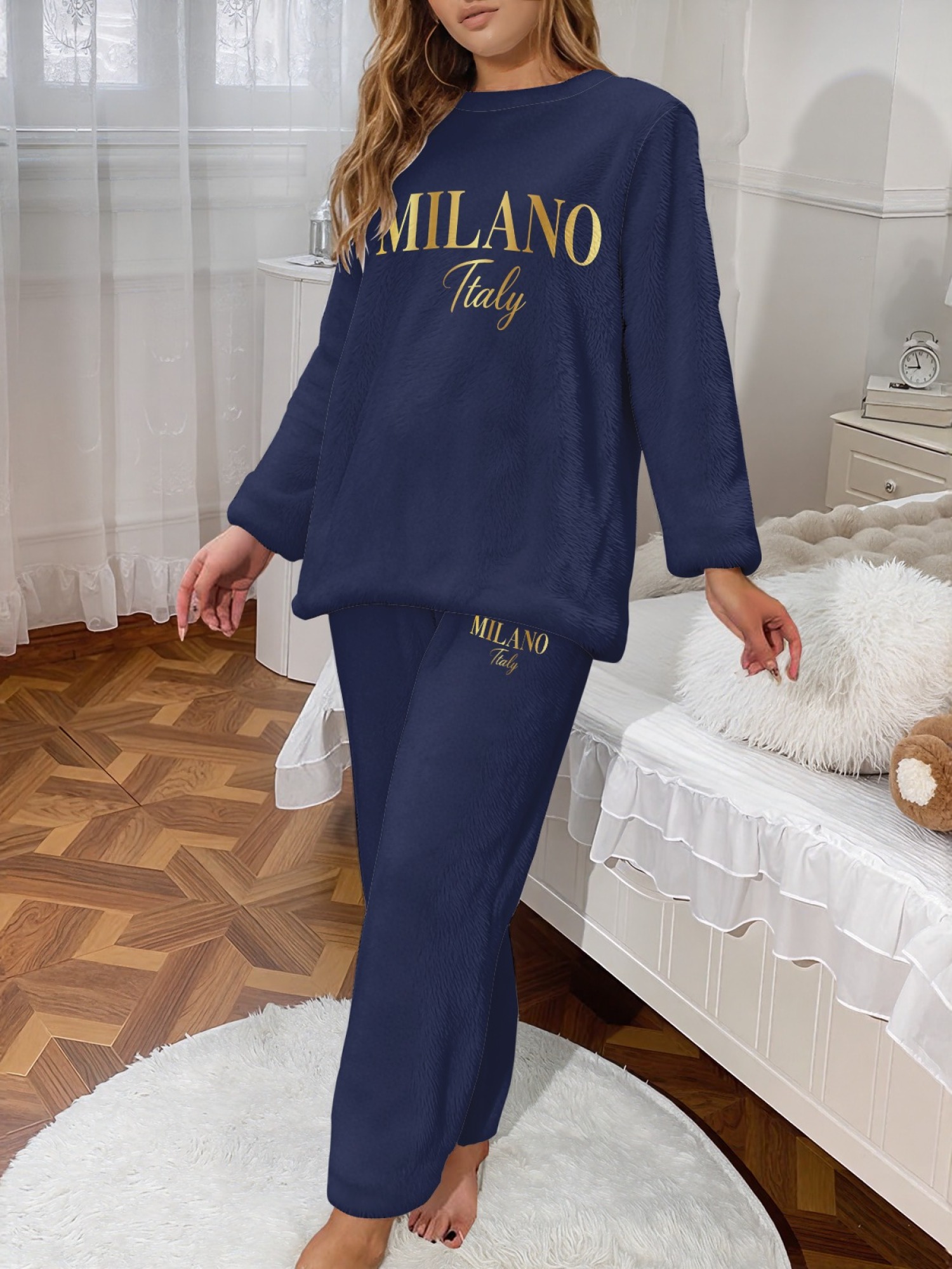 Women's "MILANO Italy" Gold Letter Printed Flannel Pajama Set - Warm Fuzzy Sleepwear (7 Colors: Navy/Graphite Black/Light Blue/Light Gray/Orange/Pink/Beige)