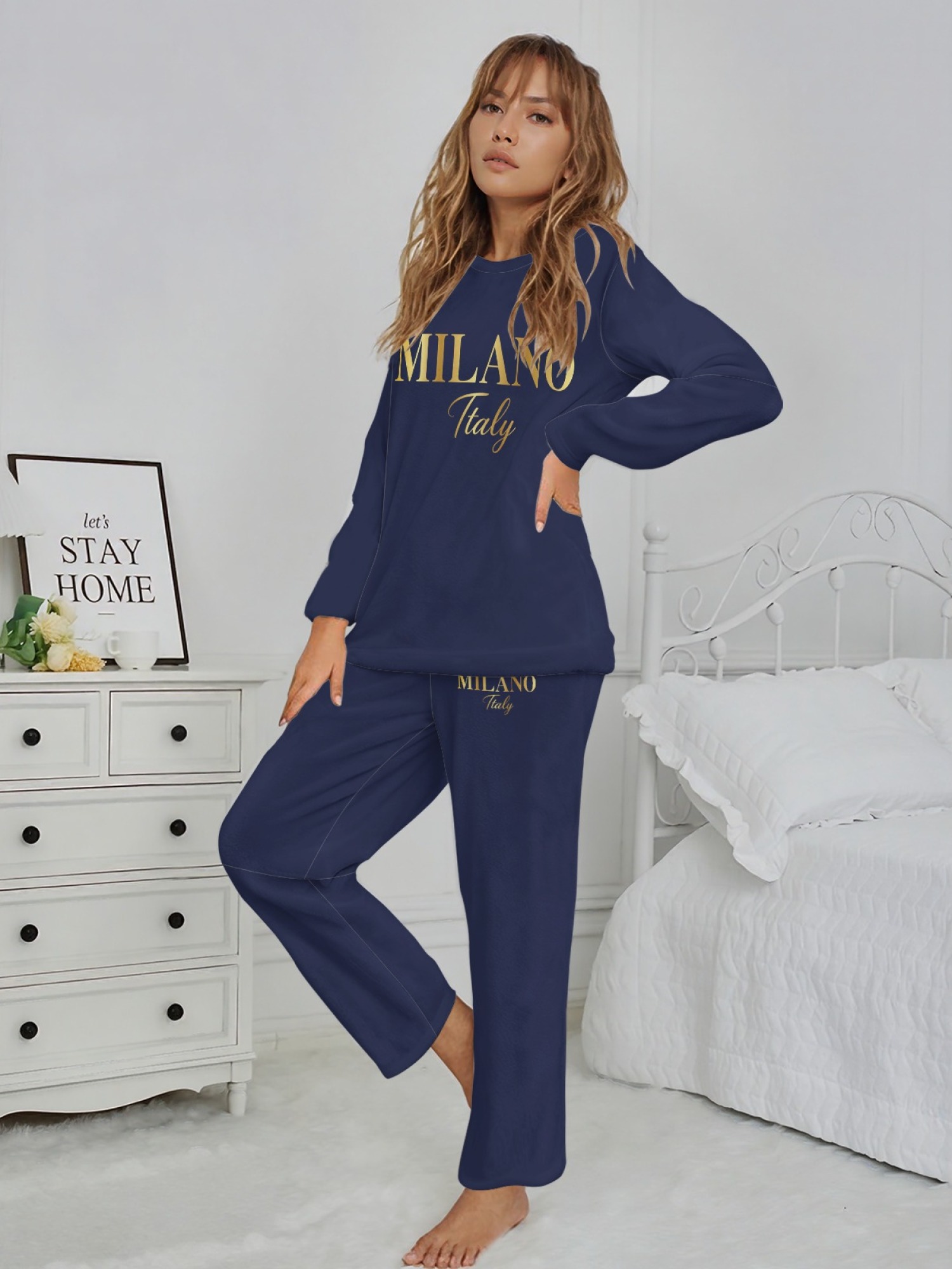 Women's "MILANO Italy" Gold Letter Printed Flannel Pajama Set - Warm Fuzzy Sleepwear (7 Colors: Navy/Graphite Black/Light Blue/Light Gray/Orange/Pink/Beige)