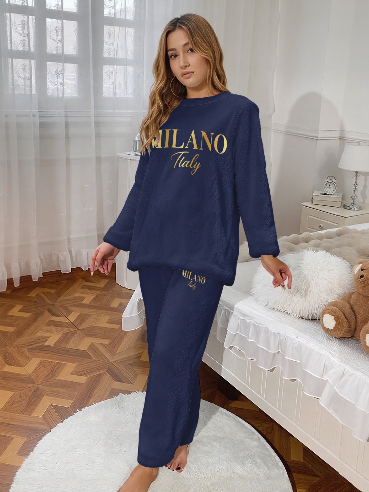 Women's "MILANO Italy" Gold Letter Printed Flannel Pajama Set - Warm Fuzzy Sleepwear (7 Colors: Navy/Graphite Black/Light Blue/Light Gray/Orange/Pink/Beige)