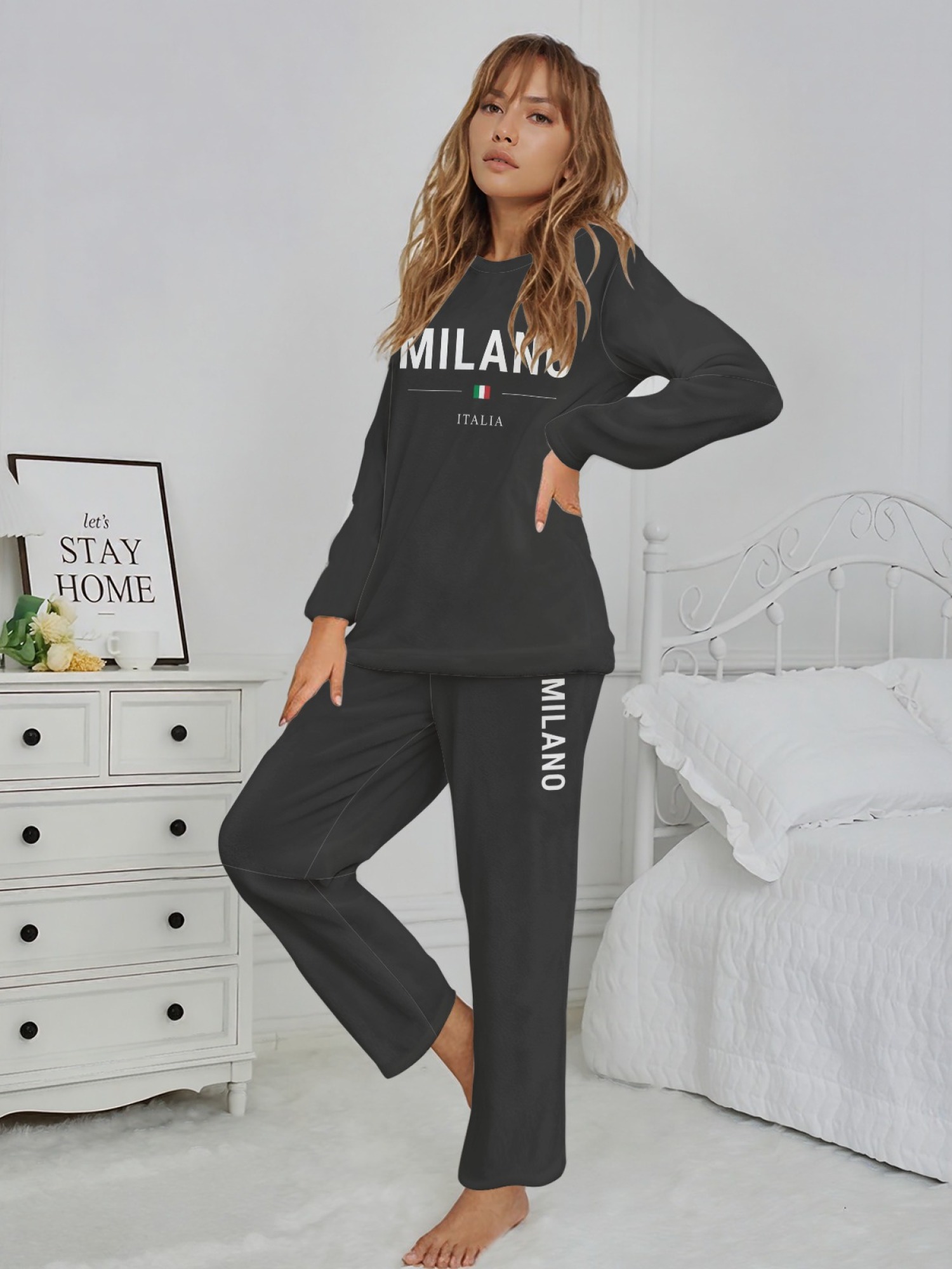 Women's "MILANO Italia" Flag Printed Flannel Pajama Set - Warm Fuzzy Sleepwear (7 Colors: Light Blue/Graphite Black/Navy/Light Gray/Orange/Pink/Beige)