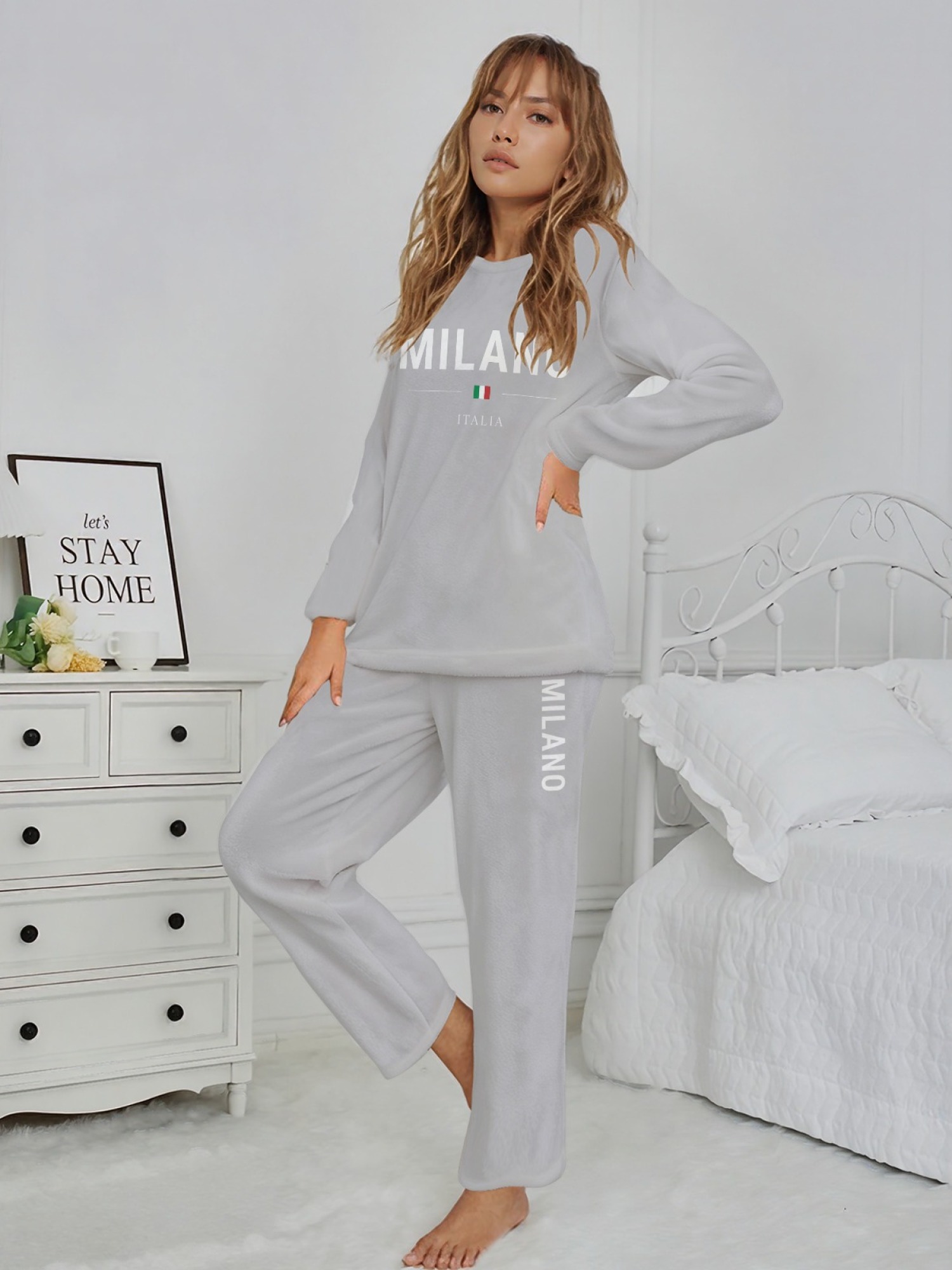 Women's "MILANO Italia" Flag Printed Flannel Pajama Set - Warm Fuzzy Sleepwear (7 Colors: Light Blue/Graphite Black/Navy/Light Gray/Orange/Pink/Beige)