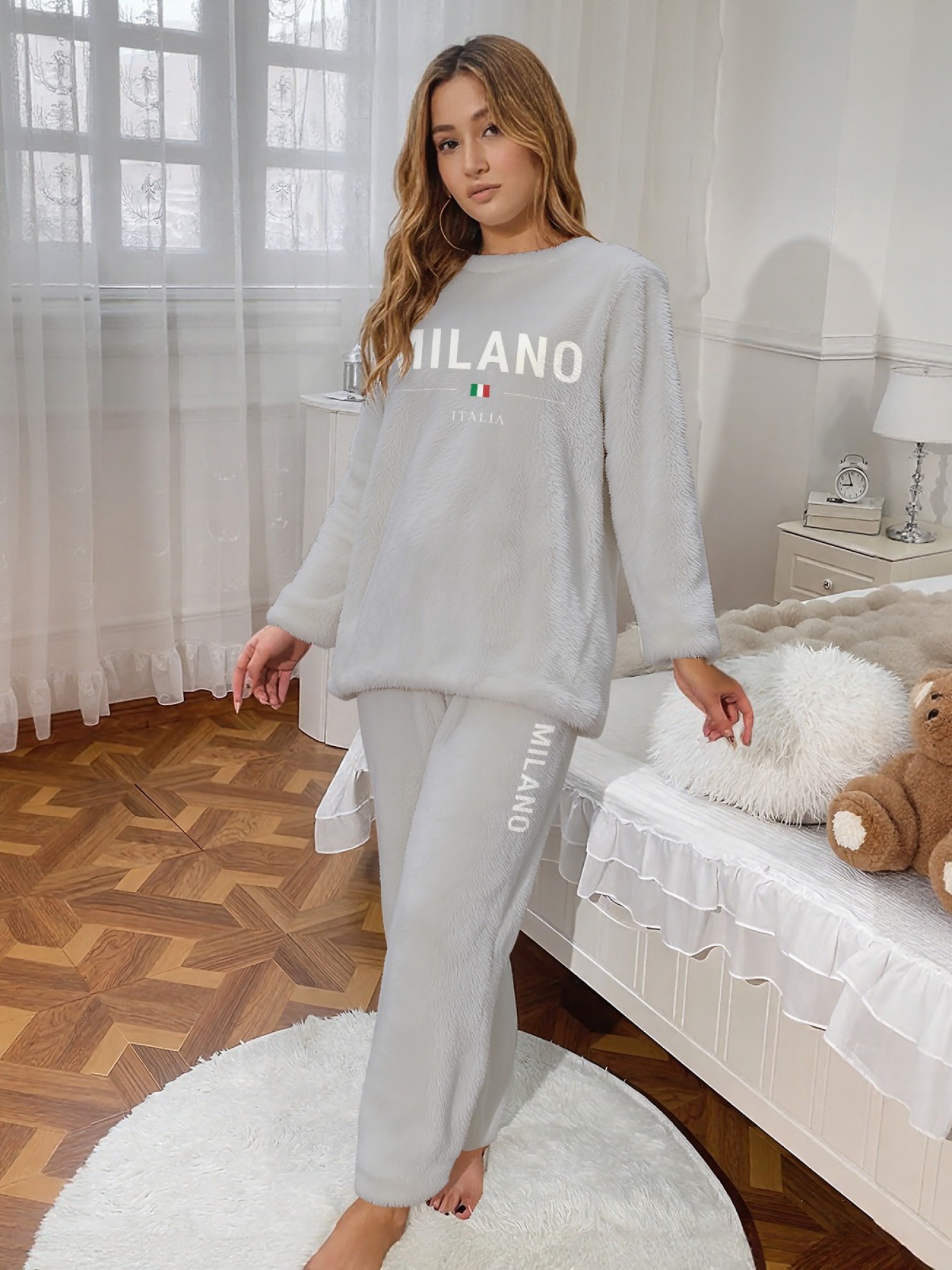 Women's "MILANO Italia" Flag Printed Flannel Pajama Set - Warm Fuzzy Sleepwear (7 Colors: Light Blue/Graphite Black/Navy/Light Gray/Orange/Pink/Beige)