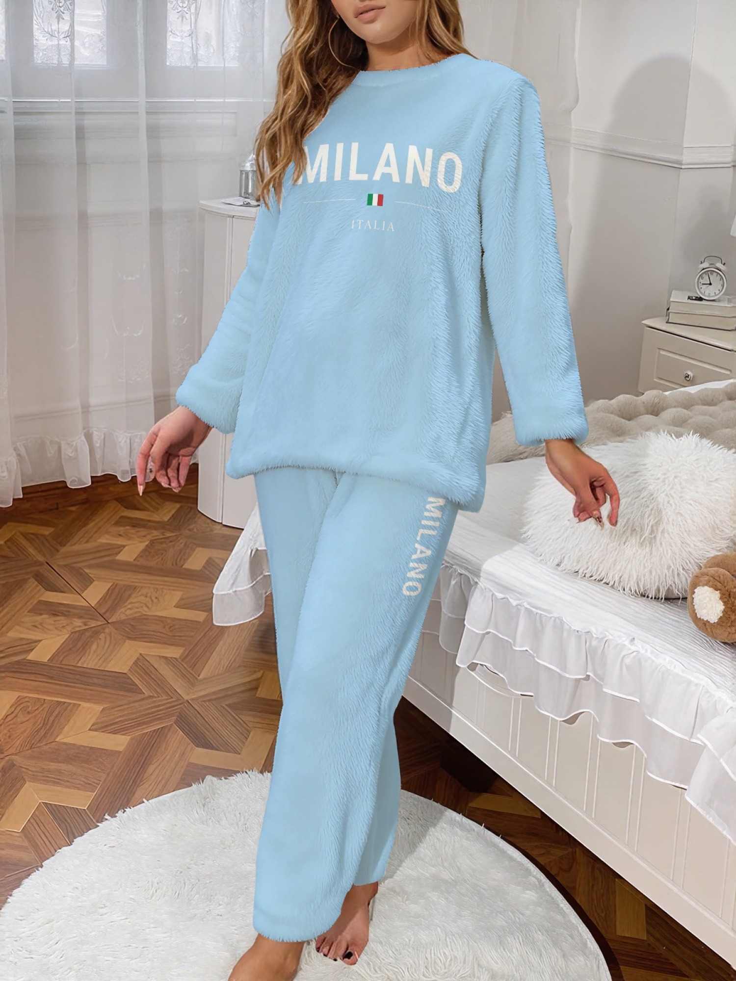 Women's "MILANO Italia" Flag Printed Flannel Pajama Set - Warm Fuzzy Sleepwear (7 Colors: Light Blue/Graphite Black/Navy/Light Gray/Orange/Pink/Beige)