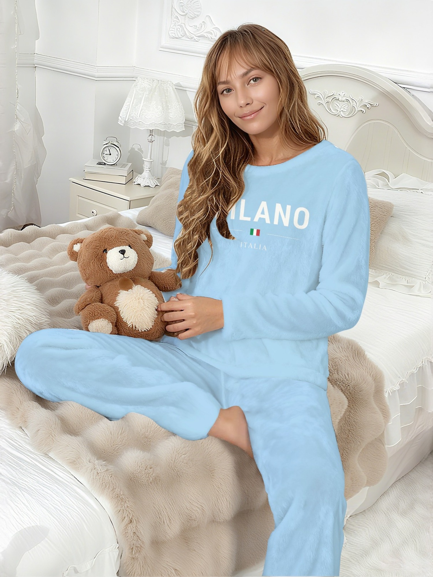 Women's "MILANO Italia" Flag Printed Flannel Pajama Set - Warm Fuzzy Sleepwear (7 Colors: Light Blue/Graphite Black/Navy/Light Gray/Orange/Pink/Beige)
