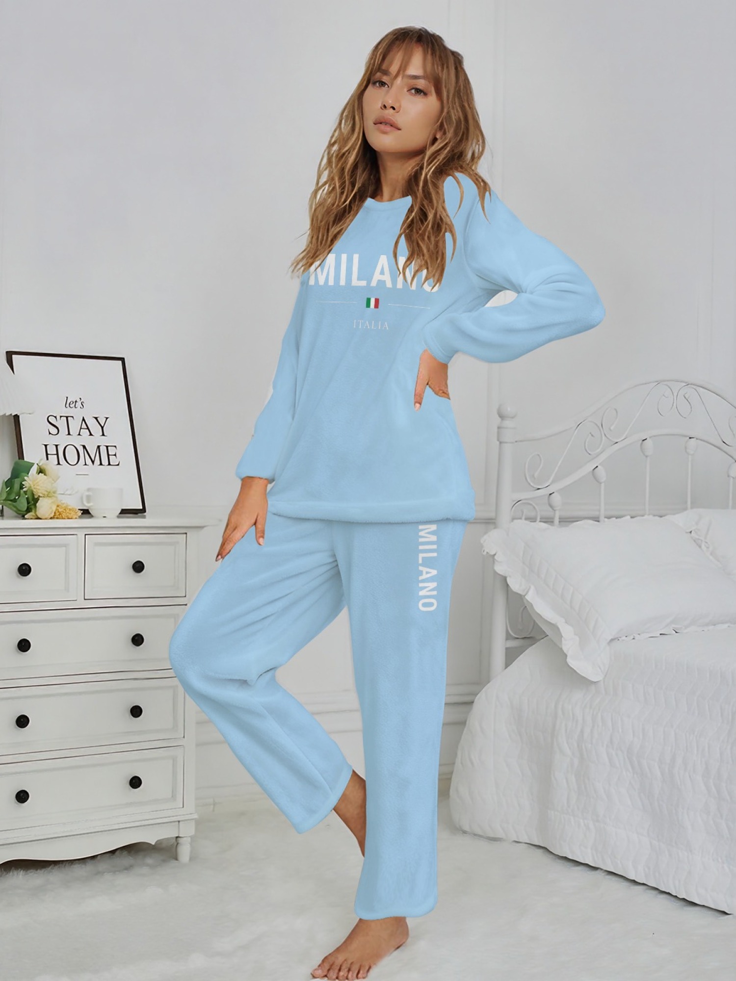 Women's "MILANO Italia" Flag Printed Flannel Pajama Set - Warm Fuzzy Sleepwear (7 Colors: Light Blue/Graphite Black/Navy/Light Gray/Orange/Pink/Beige)