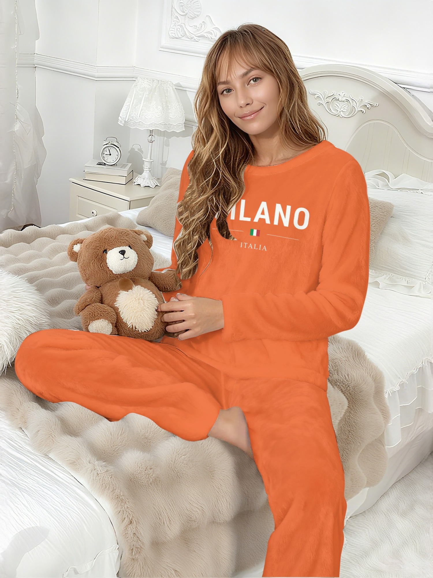 Women's "MILANO Italia" Flag Printed Flannel Pajama Set - Warm Fuzzy Sleepwear (7 Colors: Light Blue/Graphite Black/Navy/Light Gray/Orange/Pink/Beige)