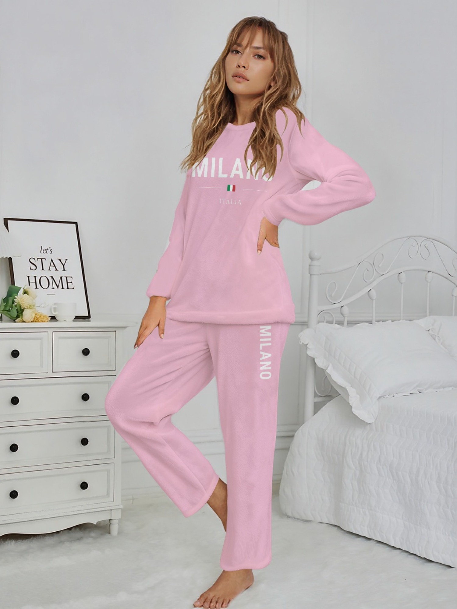 Women's "MILANO Italia" Flag Printed Flannel Pajama Set - Warm Fuzzy Sleepwear (7 Colors: Light Blue/Graphite Black/Navy/Light Gray/Orange/Pink/Beige)