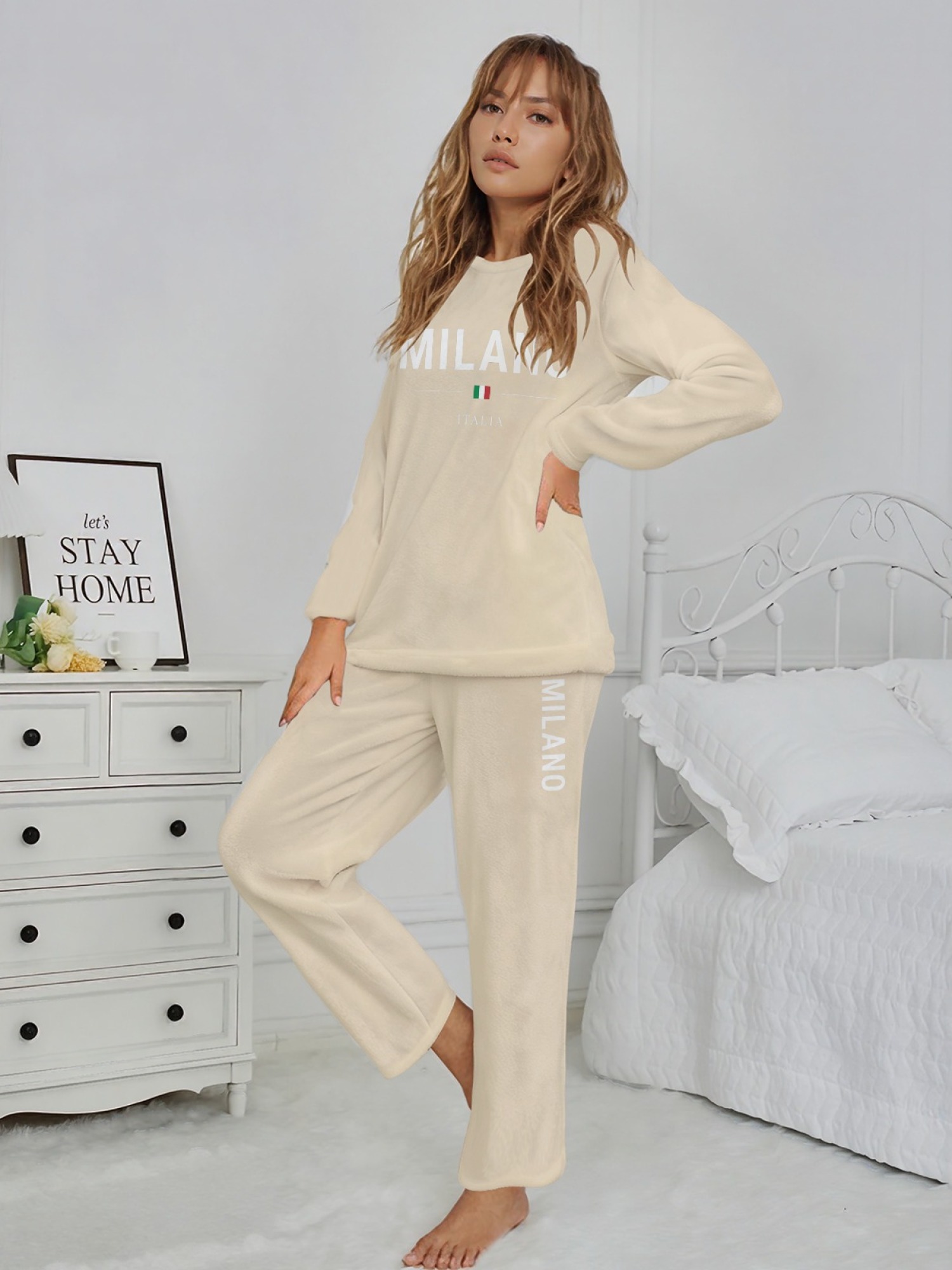 Women's "MILANO Italia" Flag Printed Flannel Pajama Set - Warm Fuzzy Sleepwear (7 Colors: Light Blue/Graphite Black/Navy/Light Gray/Orange/Pink/Beige)