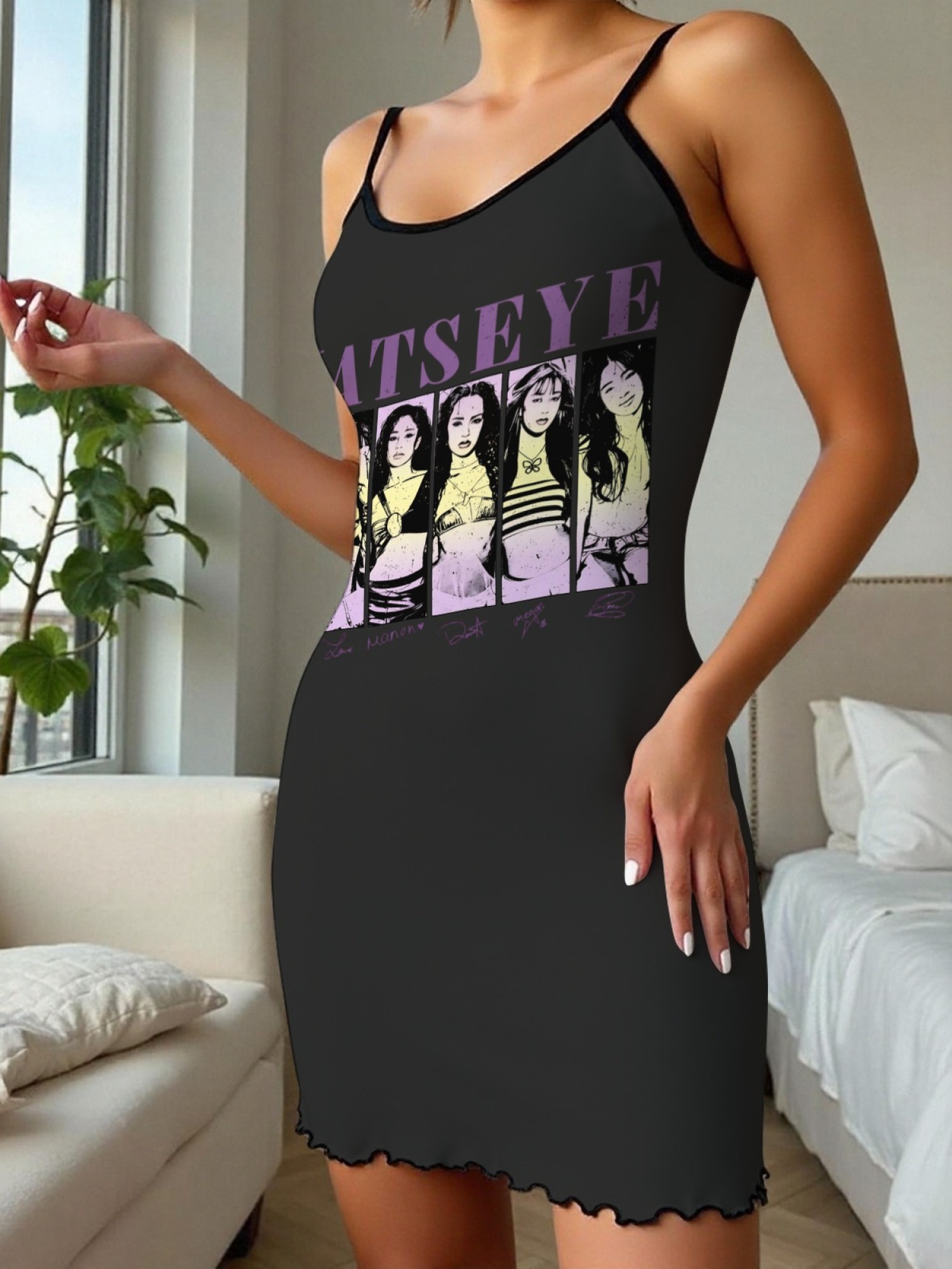 Women's "KATSEYE" Girl Group Printed Satin Cami Nightgown - Soft Silky Sleep Dress (6 Colors: Light Purple/Light Gray/Pink/Navy/Green/Black)