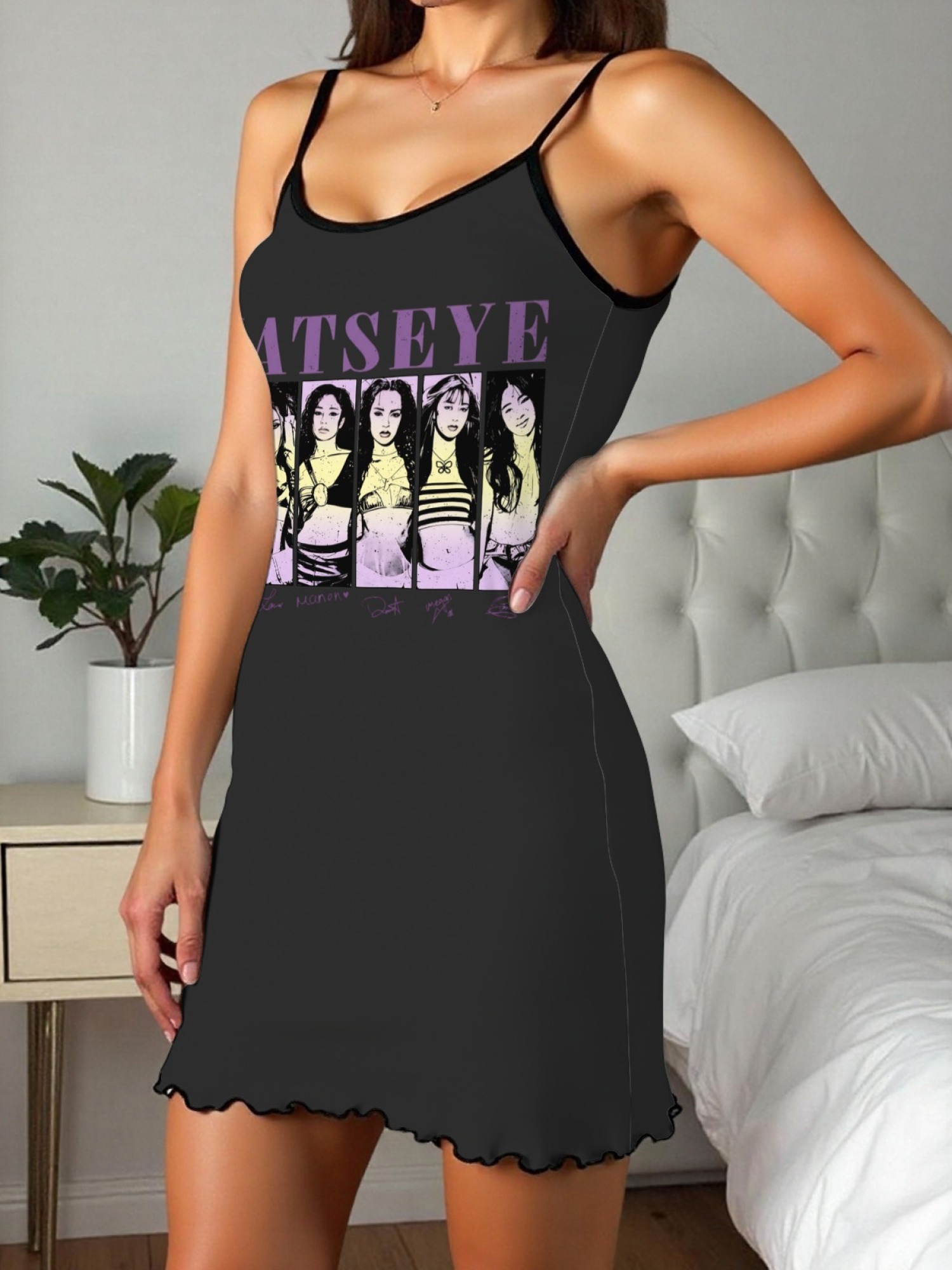 Women's "KATSEYE" Girl Group Printed Satin Cami Nightgown - Soft Silky Sleep Dress (6 Colors: Light Purple/Light Gray/Pink/Navy/Green/Black)