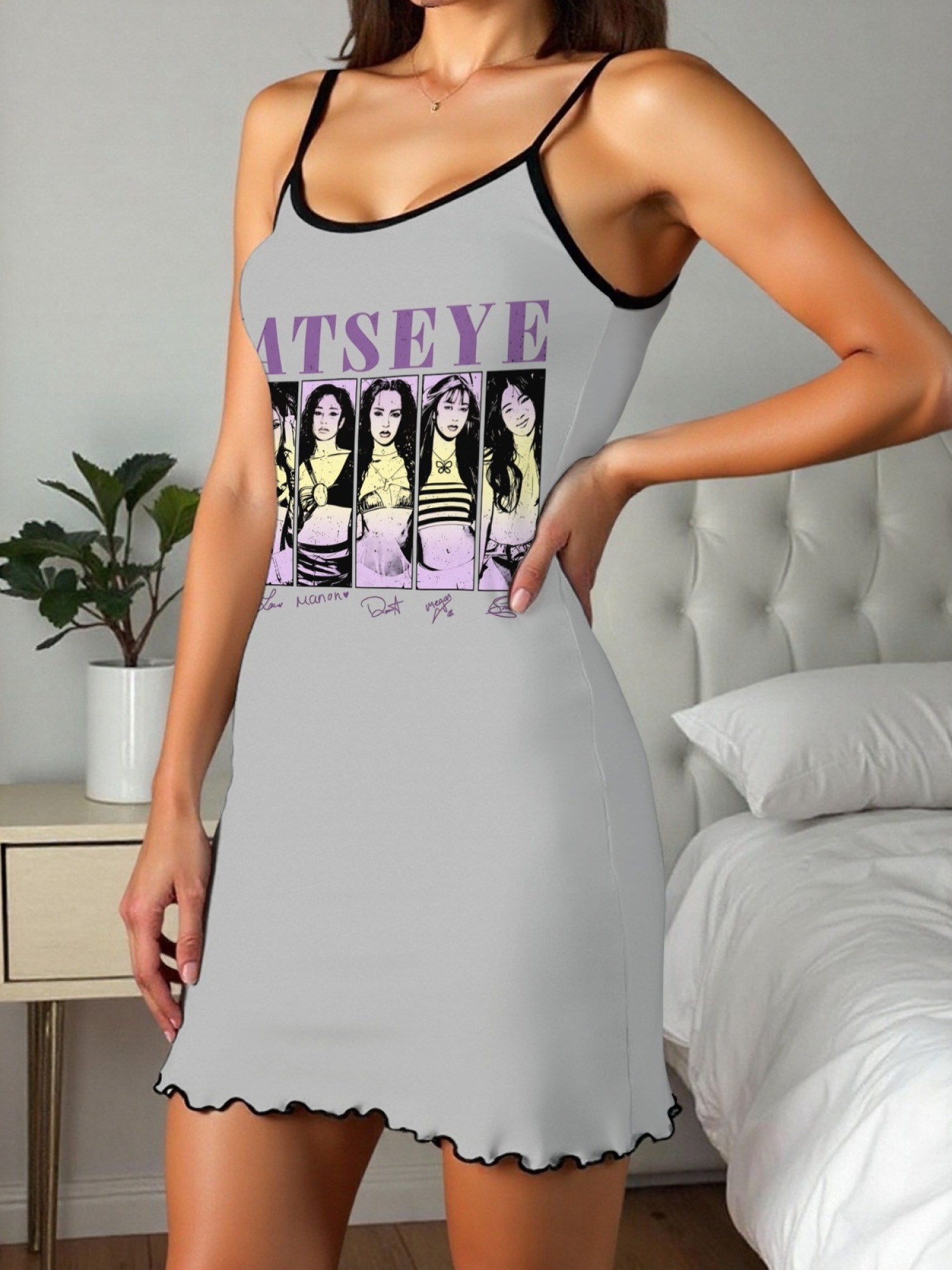 Women's "KATSEYE" Girl Group Printed Satin Cami Nightgown - Soft Silky Sleep Dress (6 Colors: Light Purple/Light Gray/Pink/Navy/Green/Black)