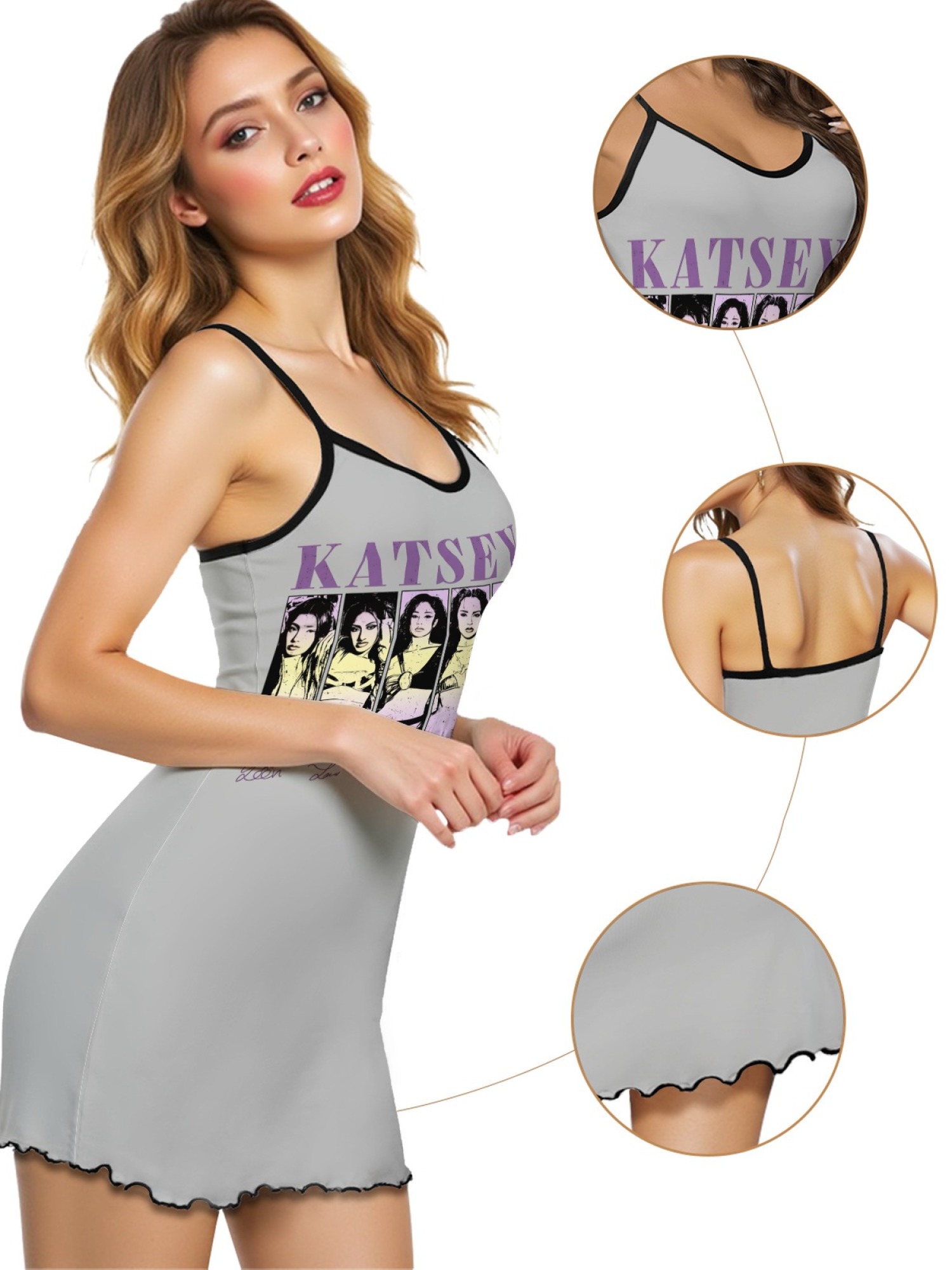 Women's "KATSEYE" Girl Group Printed Satin Cami Nightgown - Soft Silky Sleep Dress (6 Colors: Light Purple/Light Gray/Pink/Navy/Green/Black)