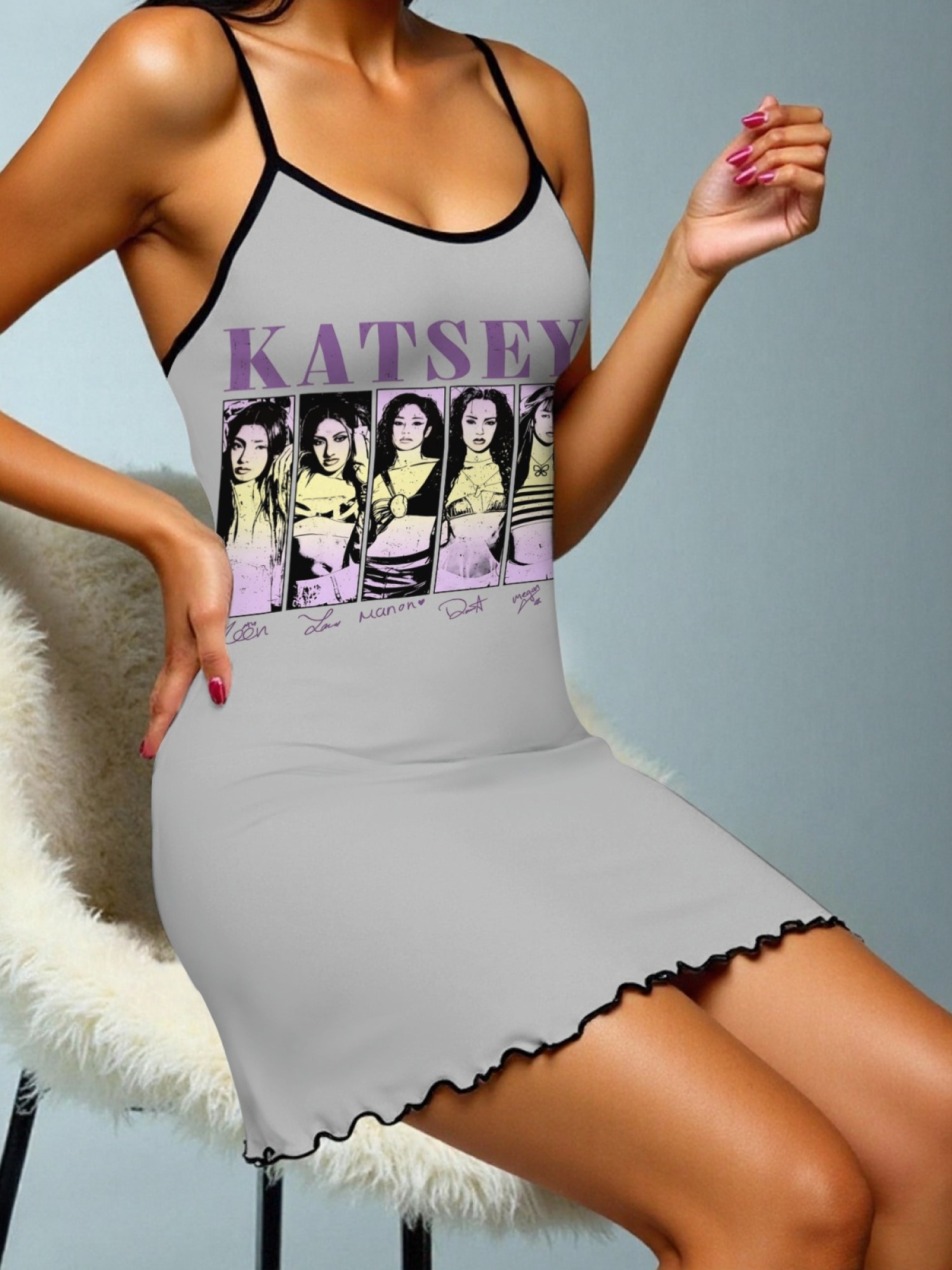 Women's "KATSEYE" Girl Group Printed Satin Cami Nightgown - Soft Silky Sleep Dress (6 Colors: Light Purple/Light Gray/Pink/Navy/Green/Black)