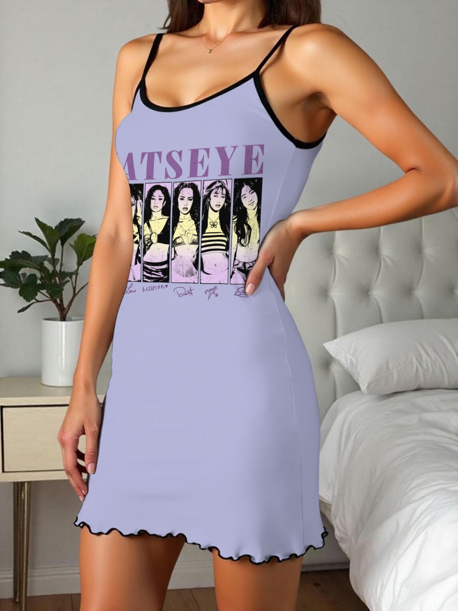 Women's "KATSEYE" Girl Group Printed Satin Cami Nightgown - Soft Silky Sleep Dress (6 Colors: Light Purple/Light Gray/Pink/Navy/Green/Black)