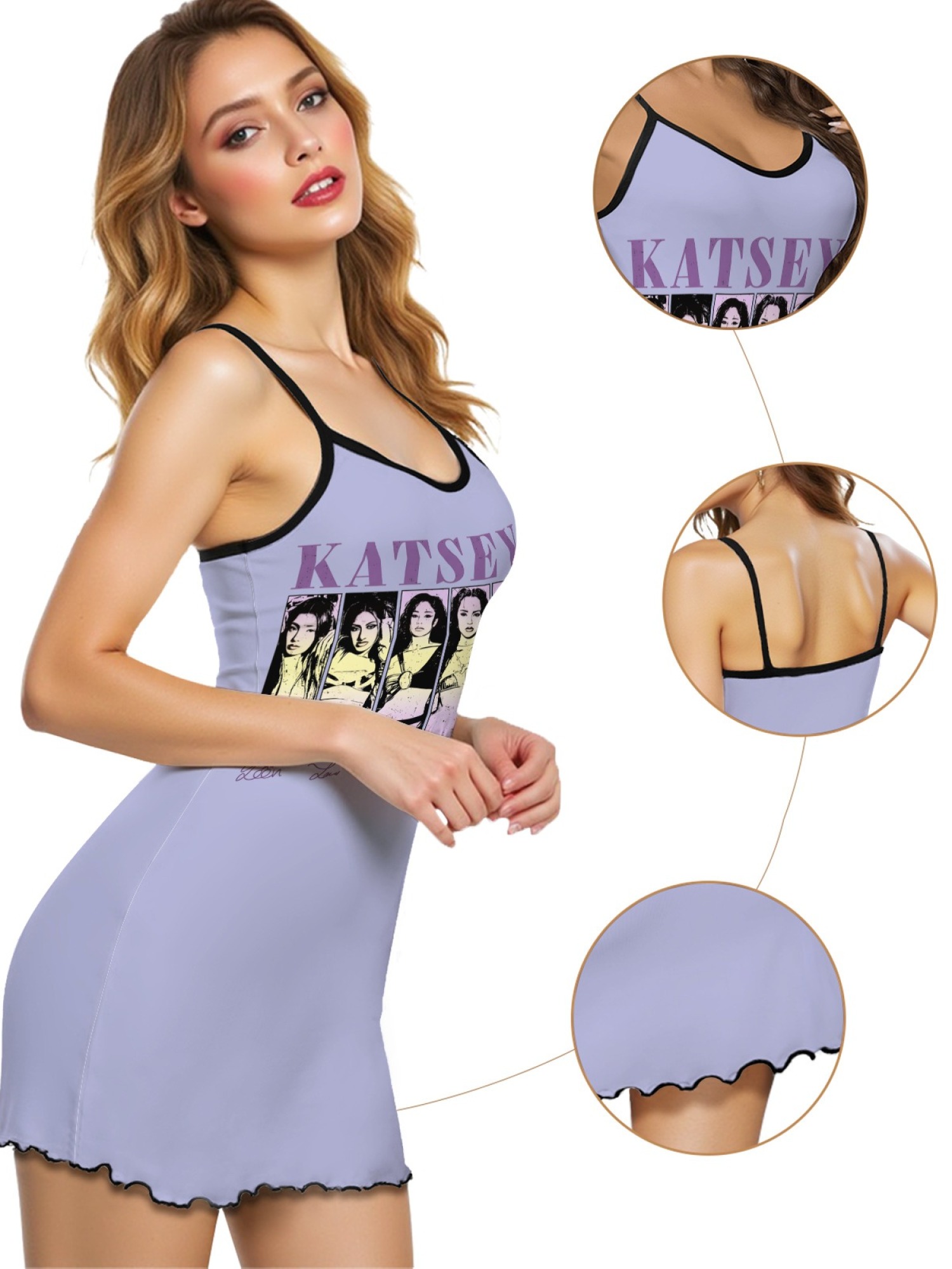 Women's "KATSEYE" Girl Group Printed Satin Cami Nightgown - Soft Silky Sleep Dress (6 Colors: Light Purple/Light Gray/Pink/Navy/Green/Black)