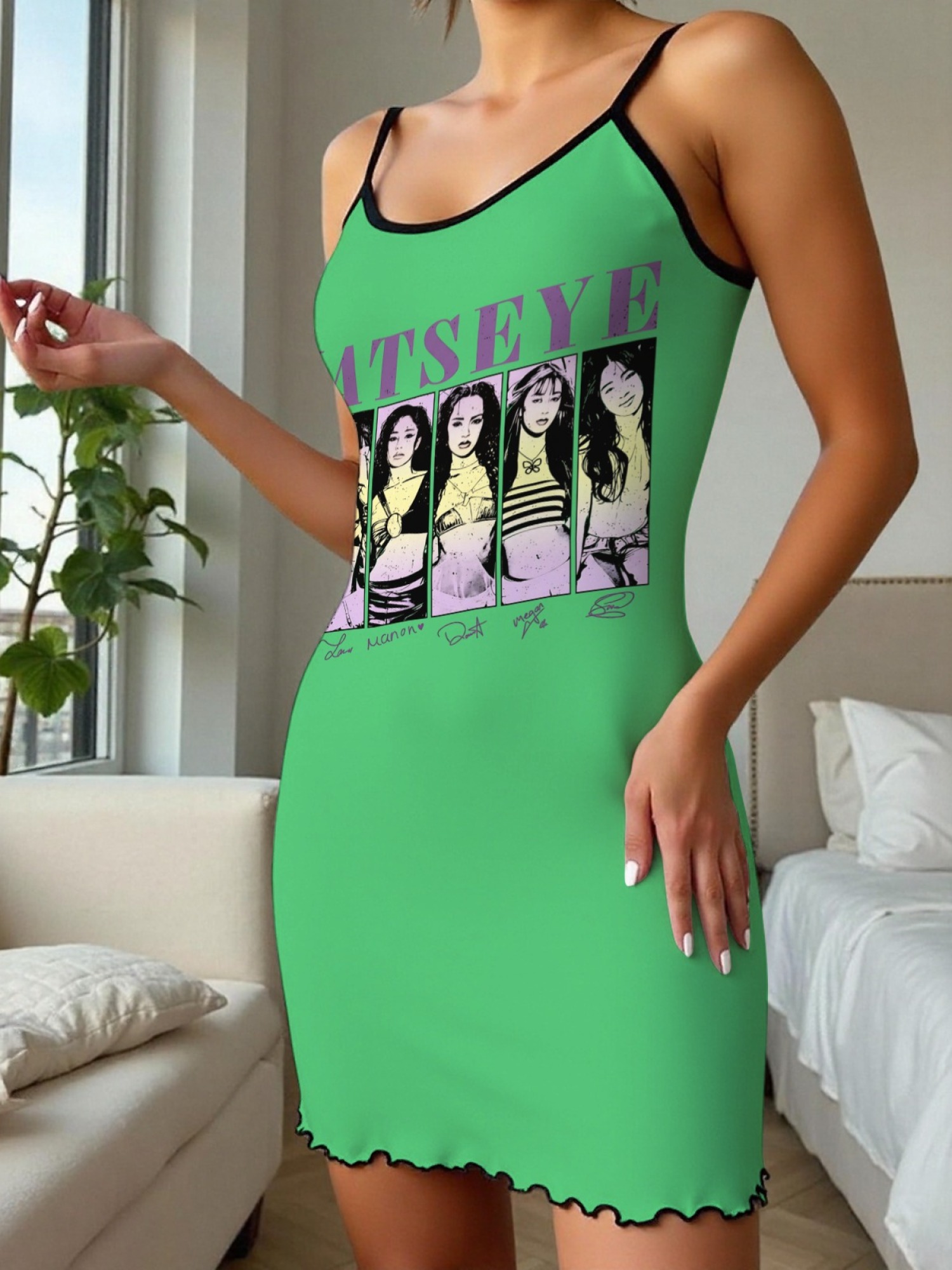 Women's "KATSEYE" Girl Group Printed Satin Cami Nightgown - Soft Silky Sleep Dress (6 Colors: Light Purple/Light Gray/Pink/Navy/Green/Black)