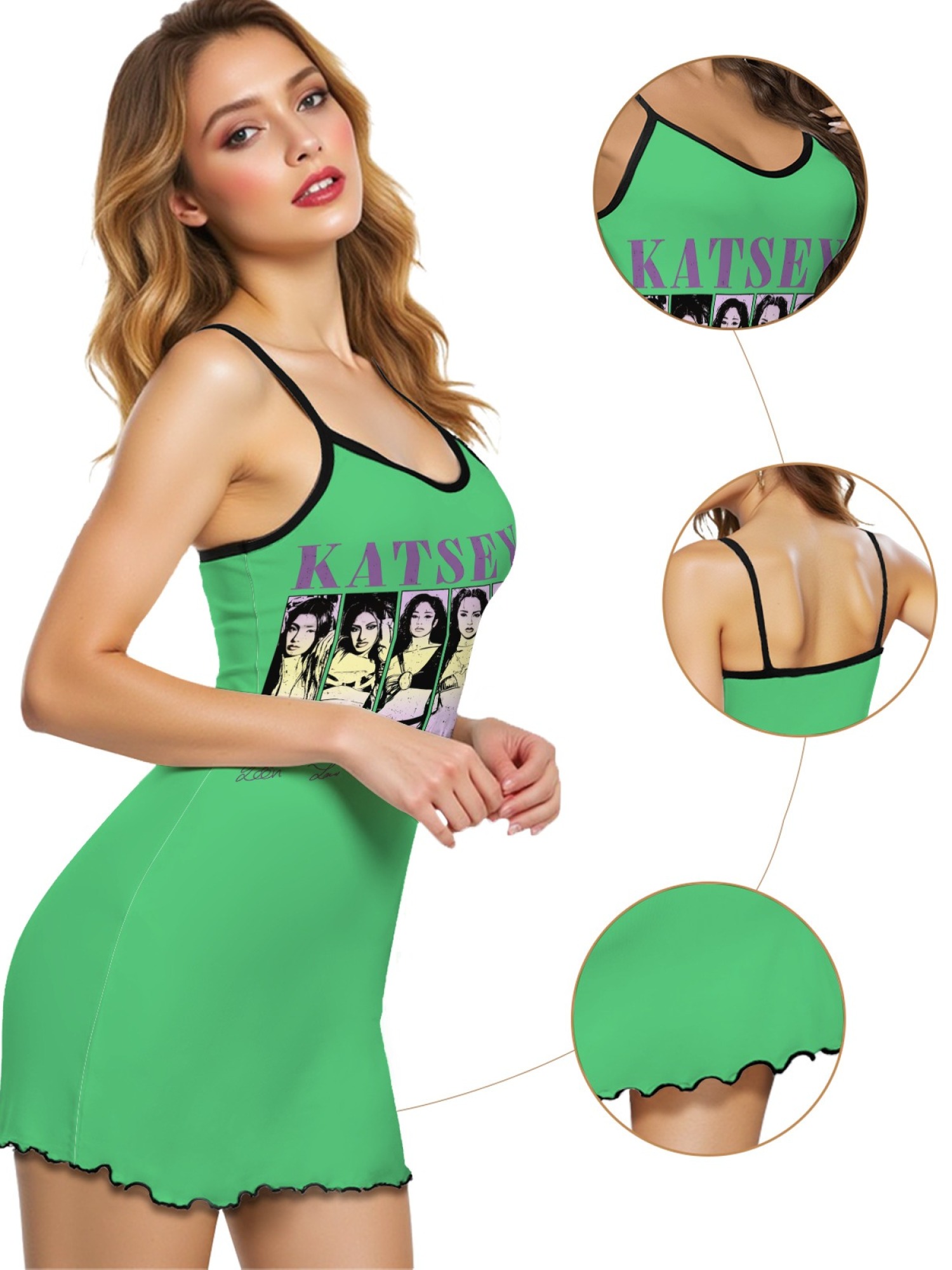 Women's "KATSEYE" Girl Group Printed Satin Cami Nightgown - Soft Silky Sleep Dress (6 Colors: Light Purple/Light Gray/Pink/Navy/Green/Black)