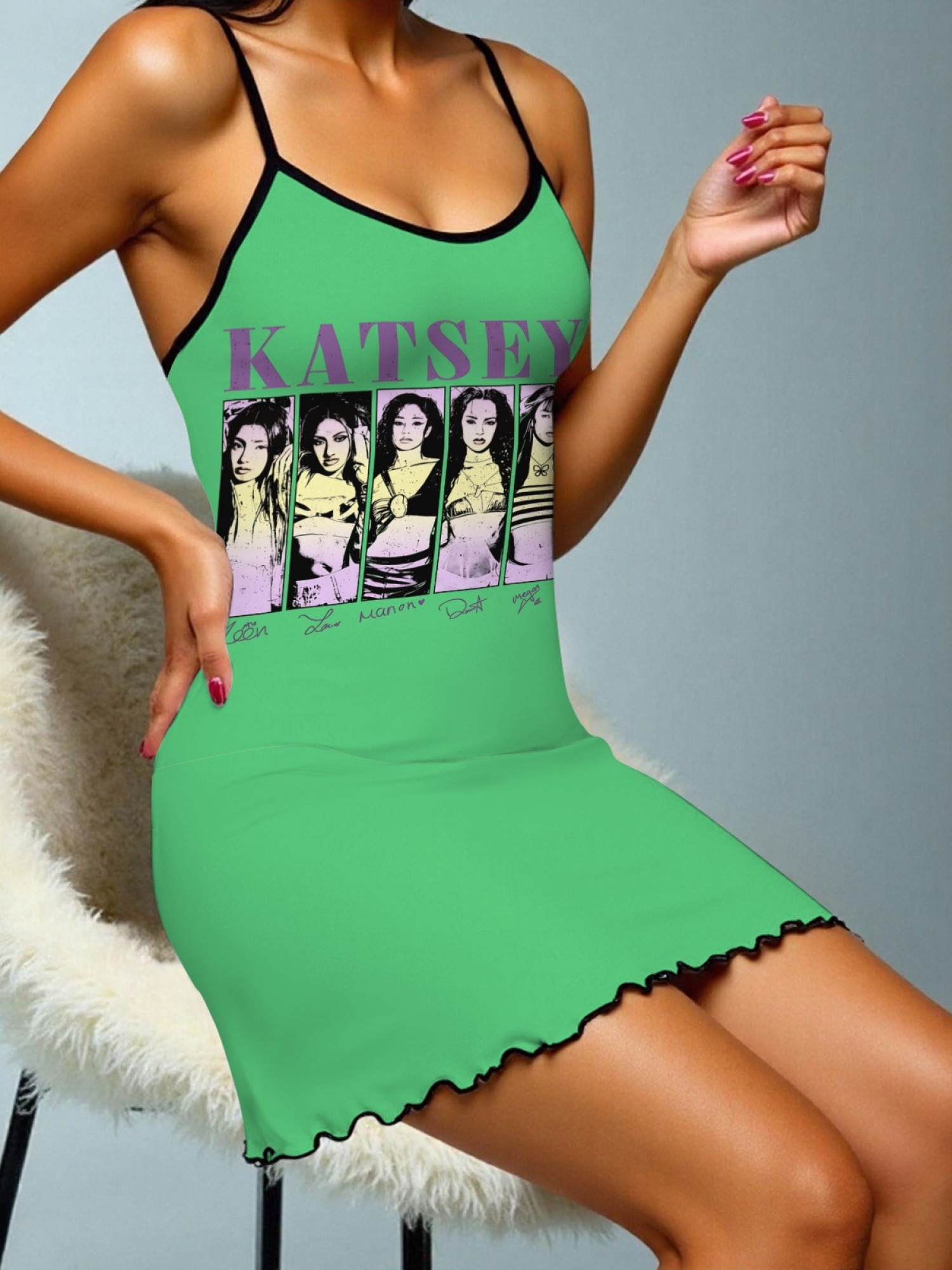 Women's "KATSEYE" Girl Group Printed Satin Cami Nightgown - Soft Silky Sleep Dress (6 Colors: Light Purple/Light Gray/Pink/Navy/Green/Black)