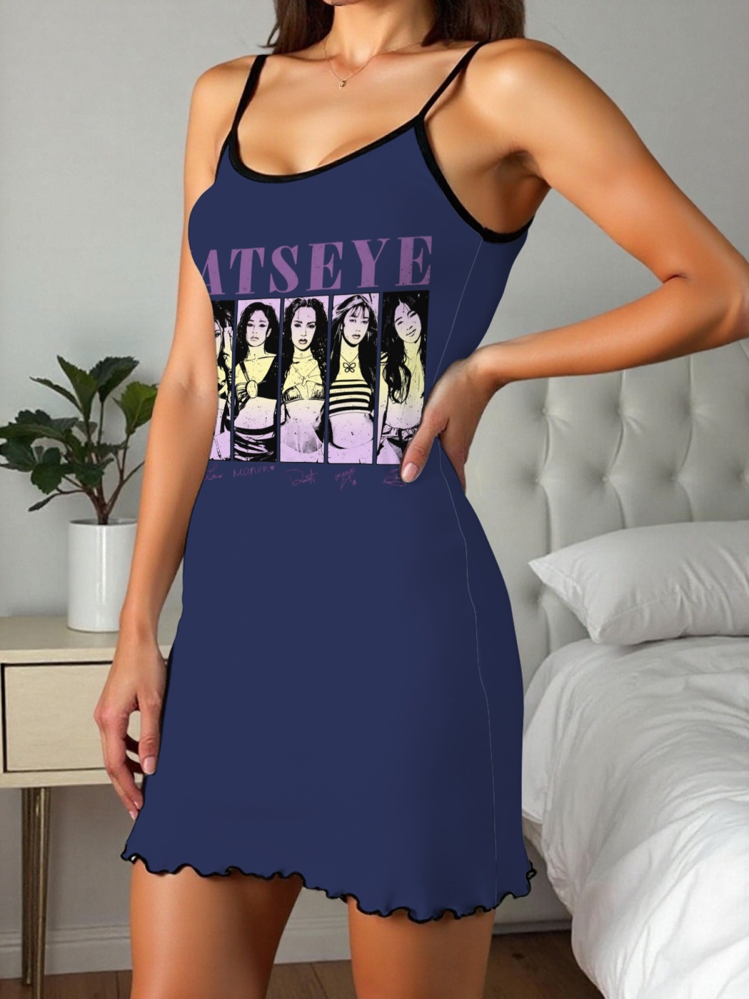 Women's "KATSEYE" Girl Group Printed Satin Cami Nightgown - Soft Silky Sleep Dress (6 Colors: Light Purple/Light Gray/Pink/Navy/Green/Black)