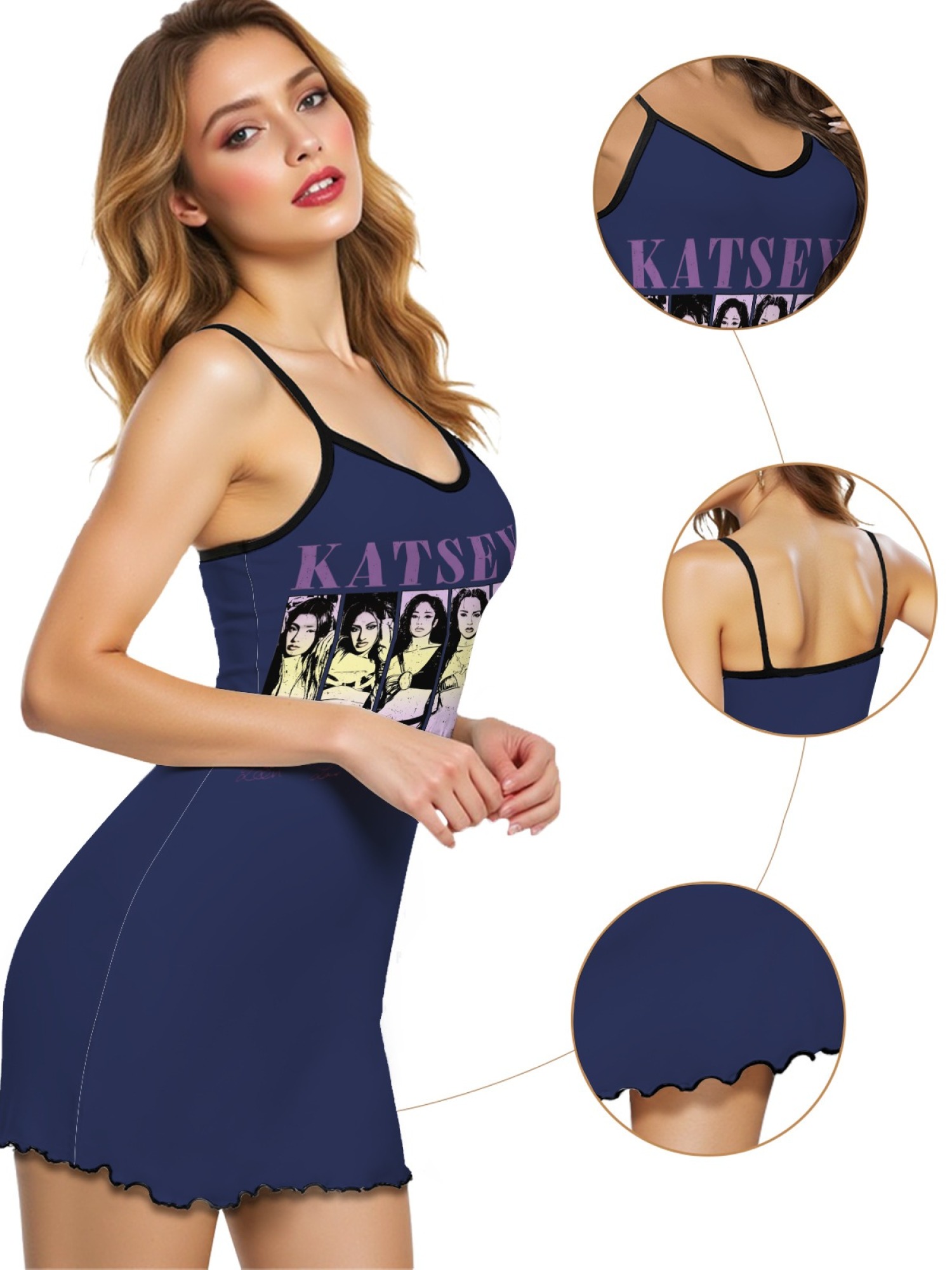 Women's "KATSEYE" Girl Group Printed Satin Cami Nightgown - Soft Silky Sleep Dress (6 Colors: Light Purple/Light Gray/Pink/Navy/Green/Black)