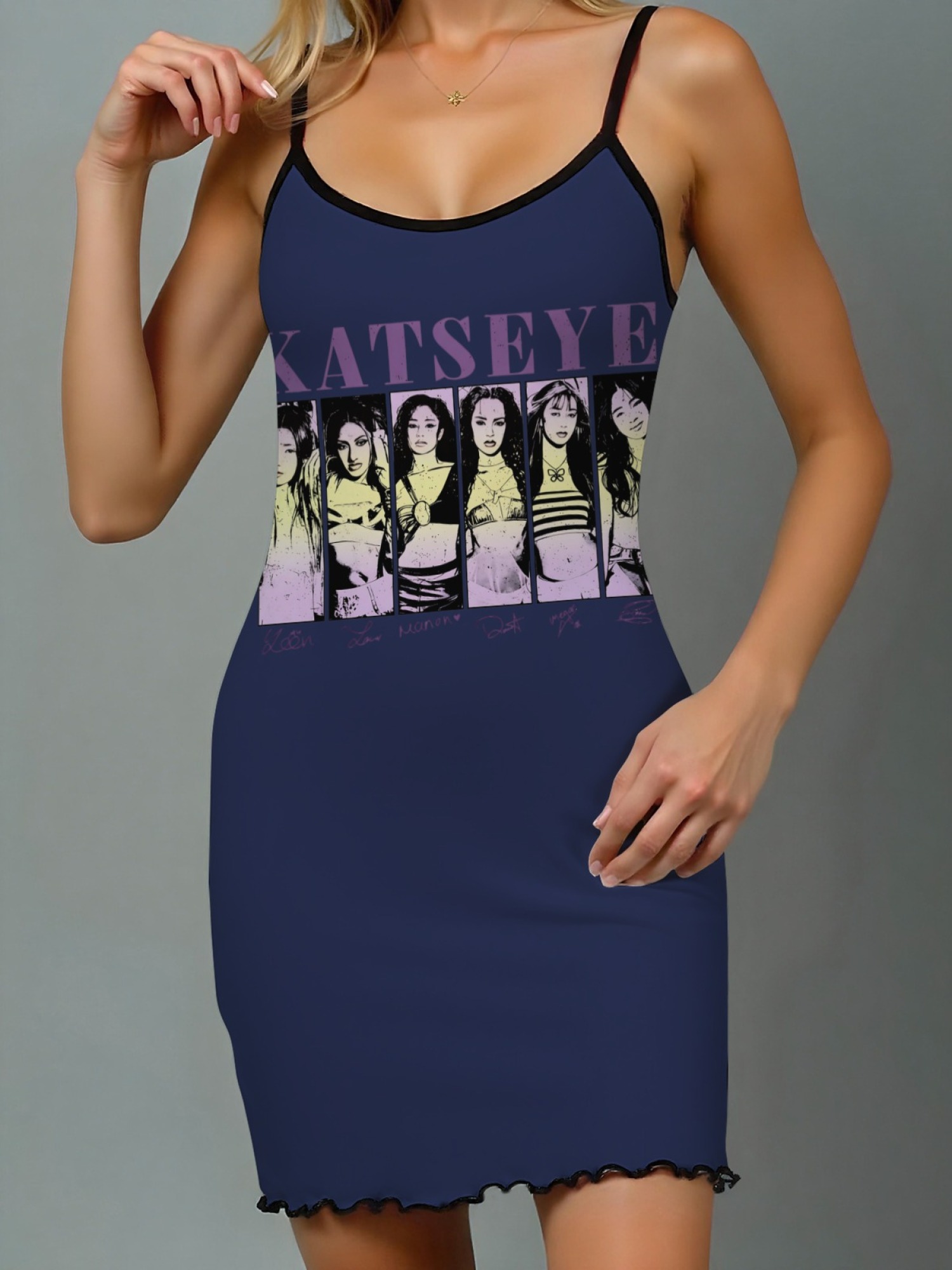 Women's "KATSEYE" Girl Group Printed Satin Cami Nightgown - Soft Silky Sleep Dress (6 Colors: Light Purple/Light Gray/Pink/Navy/Green/Black)