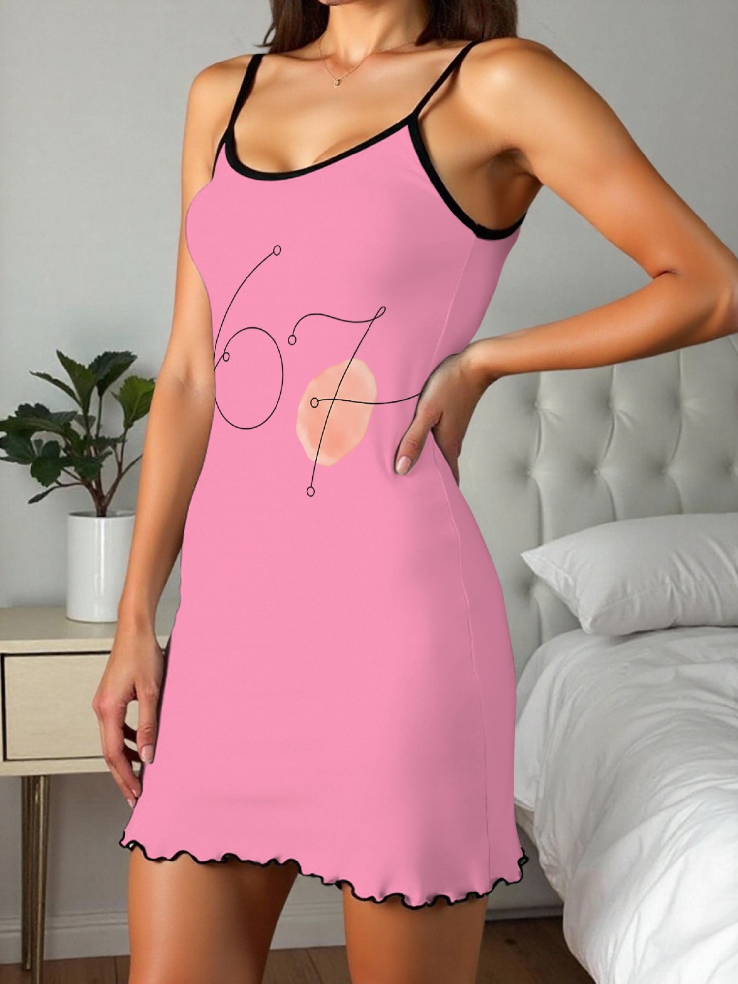 Women's "67" Printed Satin Cami Nightgown - Soft Silky Sleep Dress (6 Colors: Orange/Pink/White/Green/Light Purple/Light Gray)